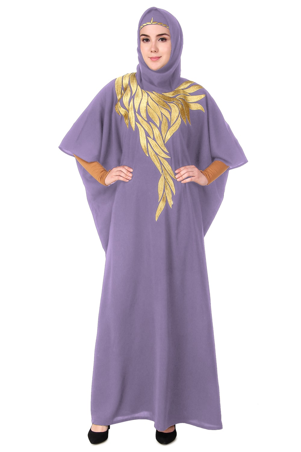 Handmade Gold Embroidered Multi-Leaf Design Kaftan Dress - Elegant Boho Chic Loungewear for Women, Perfect for Beach Cover-ups, Resort Wear & Summer Evenings