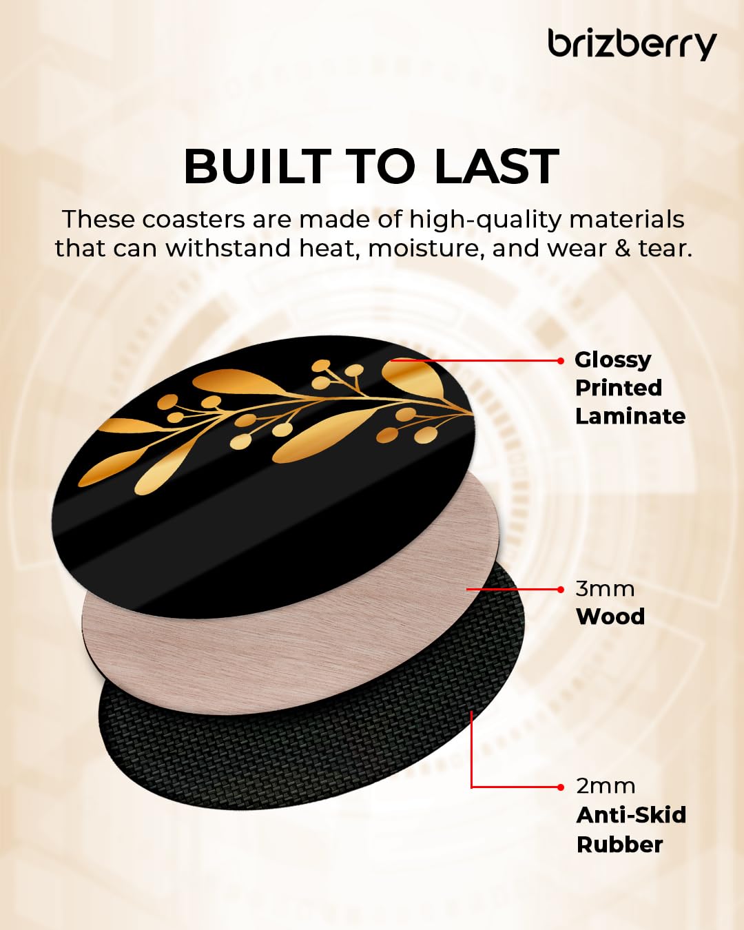 Premium Round Black Leaf Wooden Coasters Set of 6 - 3.5x3.5 Inch - Elegant Drink Coasters for Tea Cups, Coffee Mugs & Glasses - Perfect Diwali Gift & Home Decor for Dining Table, Office Desk or Living Room