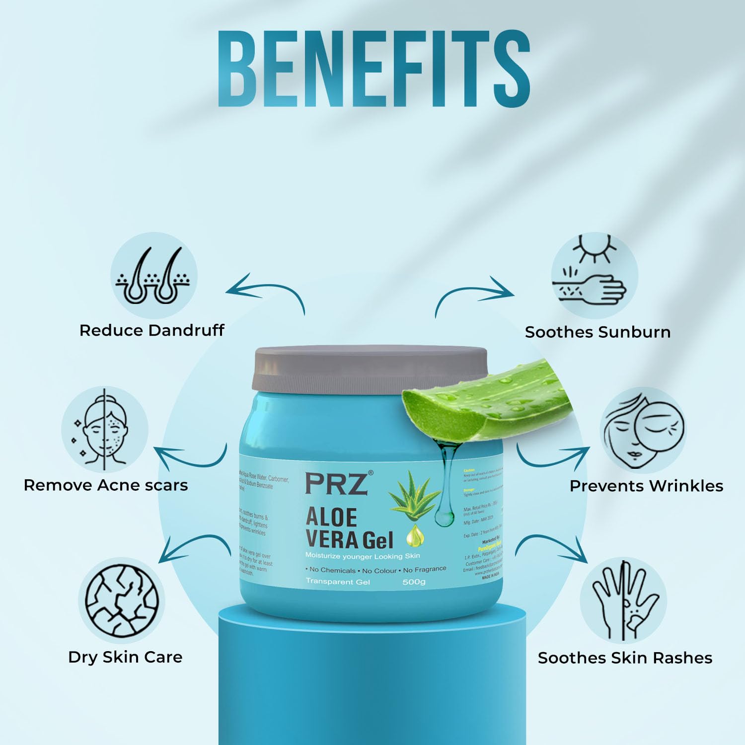 PRZ 100% Pure Natural Aloe Vera Gel (500g) - Hydrating Moisturizer for Face & Body, Hair Gel, Skin Treatment for Acne Scars & Glowing Skin | Perfect for Daily Skincare, Sunburn Relief & DIY Beauty Recipes