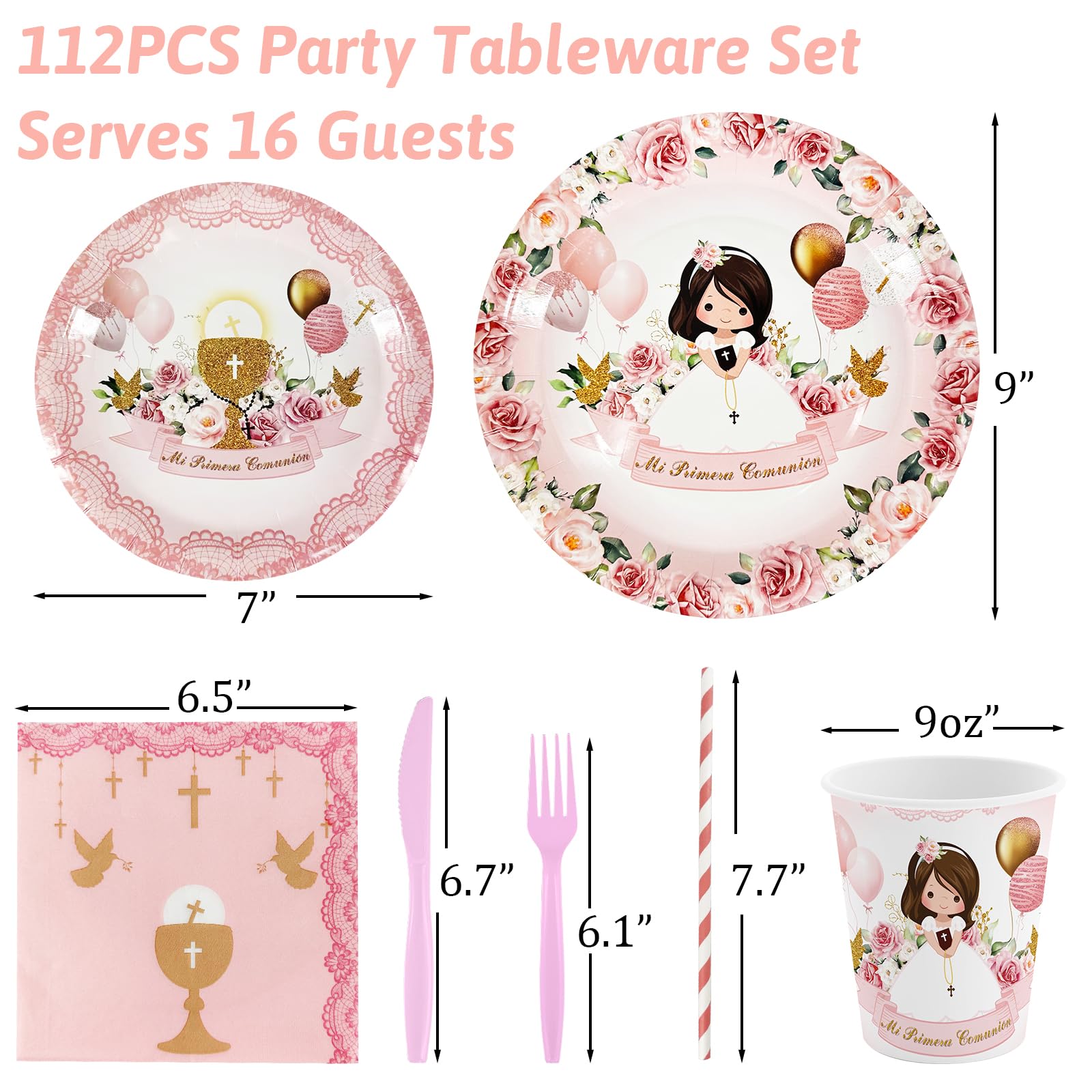 112 Pcs Pink Baptism Plates & Napkins Set - First Communion Party Supplies for Girls, Christening Tableware, Confirmation Decor - Perfect for Mi Primera Comunion, Mi Bautizo Celebrations - Ideal for Church Events, Baby Showers & Religious Ceremonies