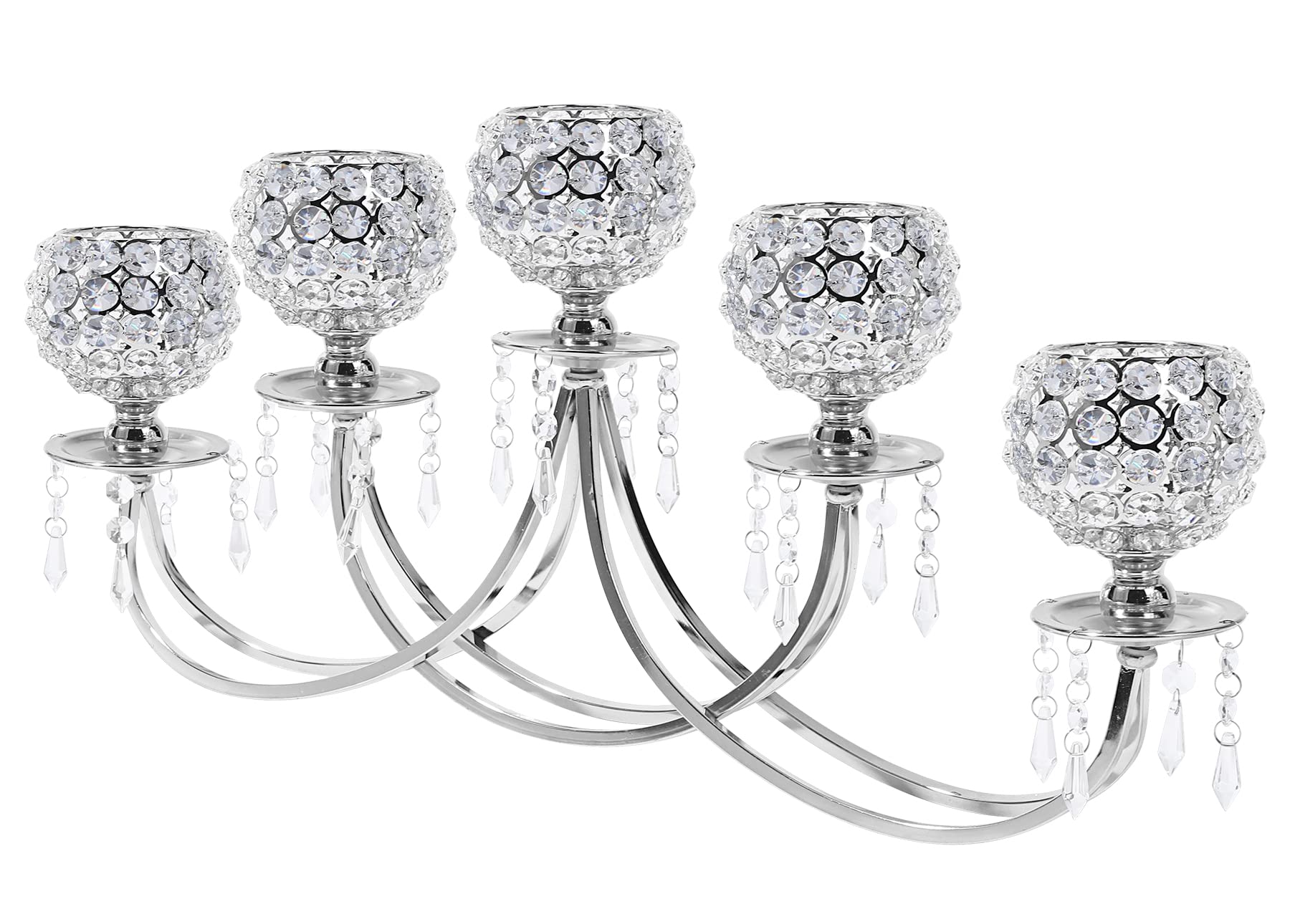 Large 5-Arm Silver Crystal Beaded Candelabra - Elegant Tea Light Candle Holder for Weddings, Dining Tables & Christmas Decor | Perfect Centerpiece for Home, Party & Holiday Decorations