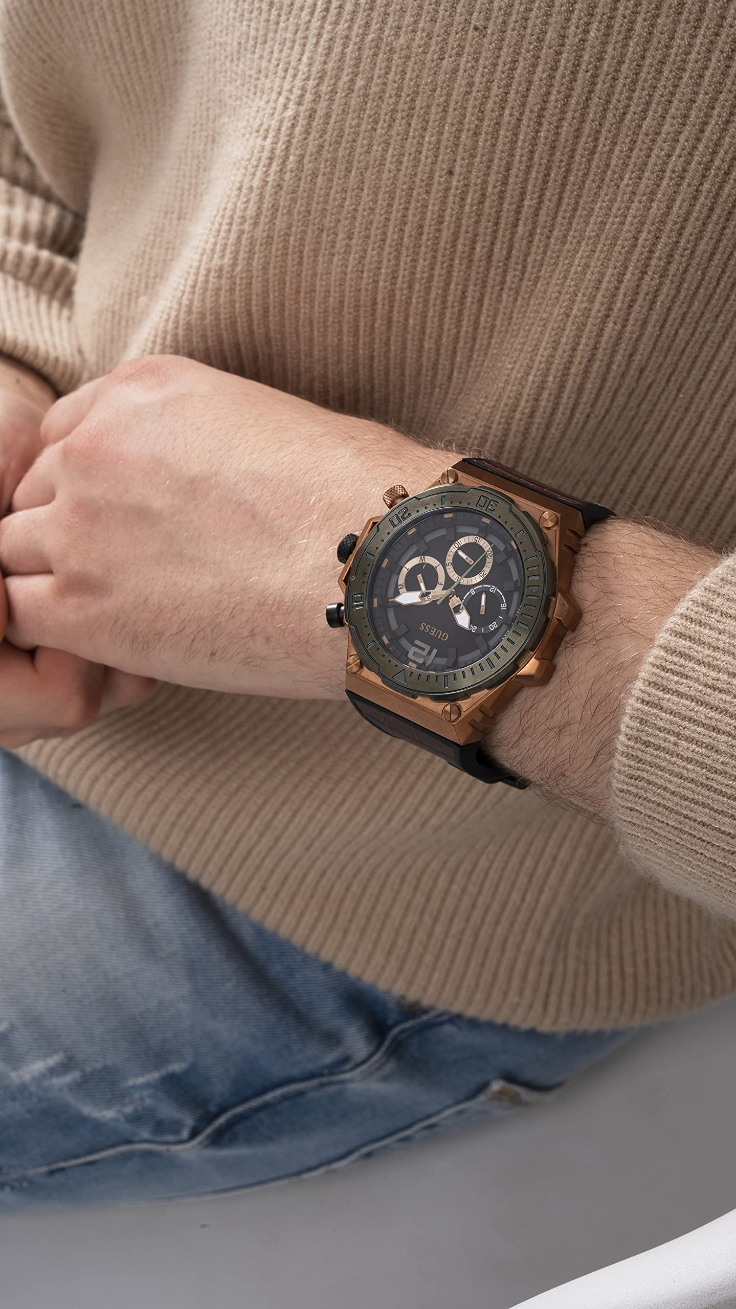 GUESS Brown Leather Strap Watch for Men - Adjustable Flex Band, Water Resistant, Casual & Dress Style - Perfect for Office, Date Night & Everyday Wear