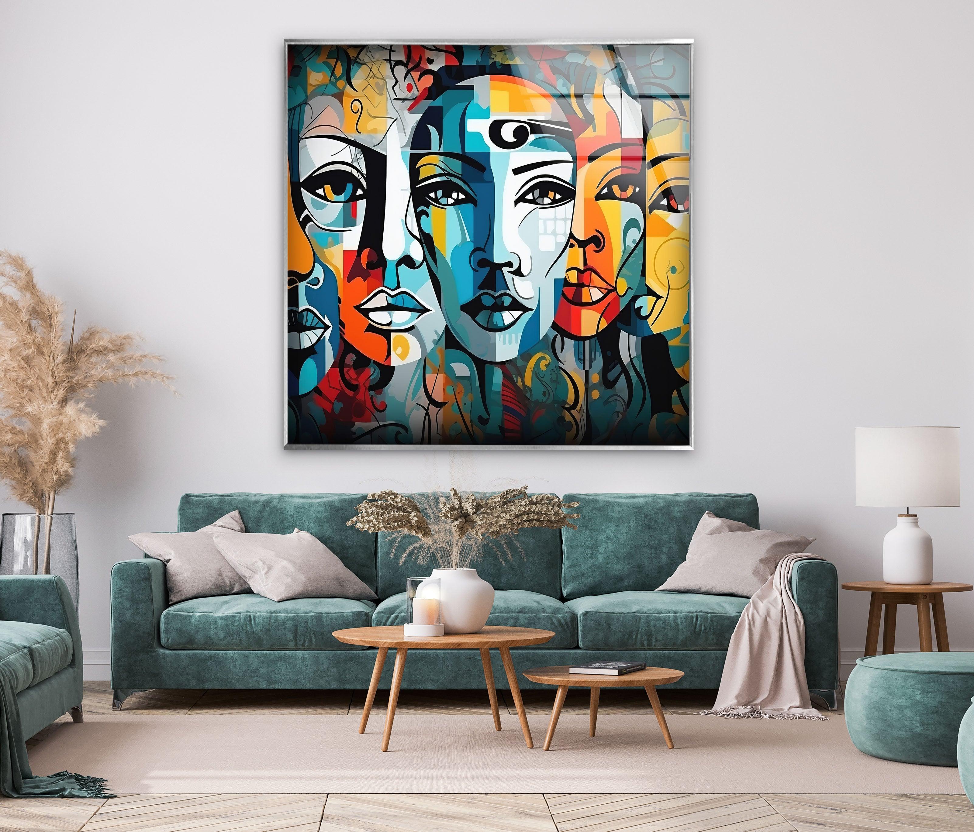 Vibrant Abstract Portrait Glass Wall Art - Modern Home Decor for Living Room, Bedroom & Office - Unique Handmade Glass Painting for Stylish Interior Design