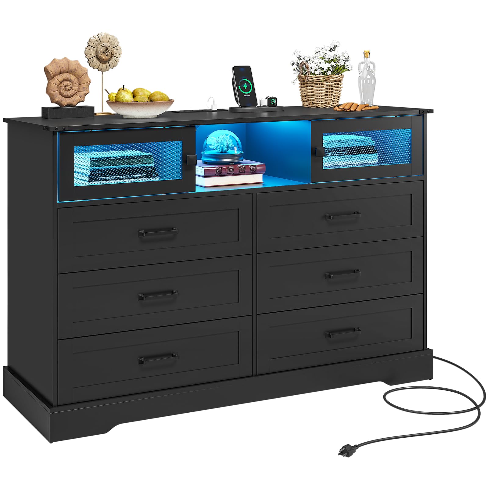 Hasuit 6-Drawer LED Dresser with USB Charging Station - Farmhouse Style Closet Organizer & Clothes Storage Cabinet - Perfect for Bedroom, Living Room, Hallway (Black) | Ideal for Home Organization, Nightstand Alternative, and Modern Bedroom Decor