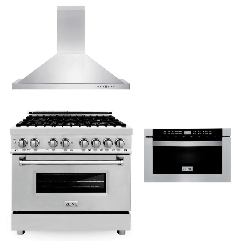ZLINE 36 Inch Stainless Steel Dual Fuel Range Kitchen Package with Convertible Vent Hood & Microwave Drawer (3KP RARH36 MW) - Perfect for Modern Home Chefs & Open Concept Kitchens