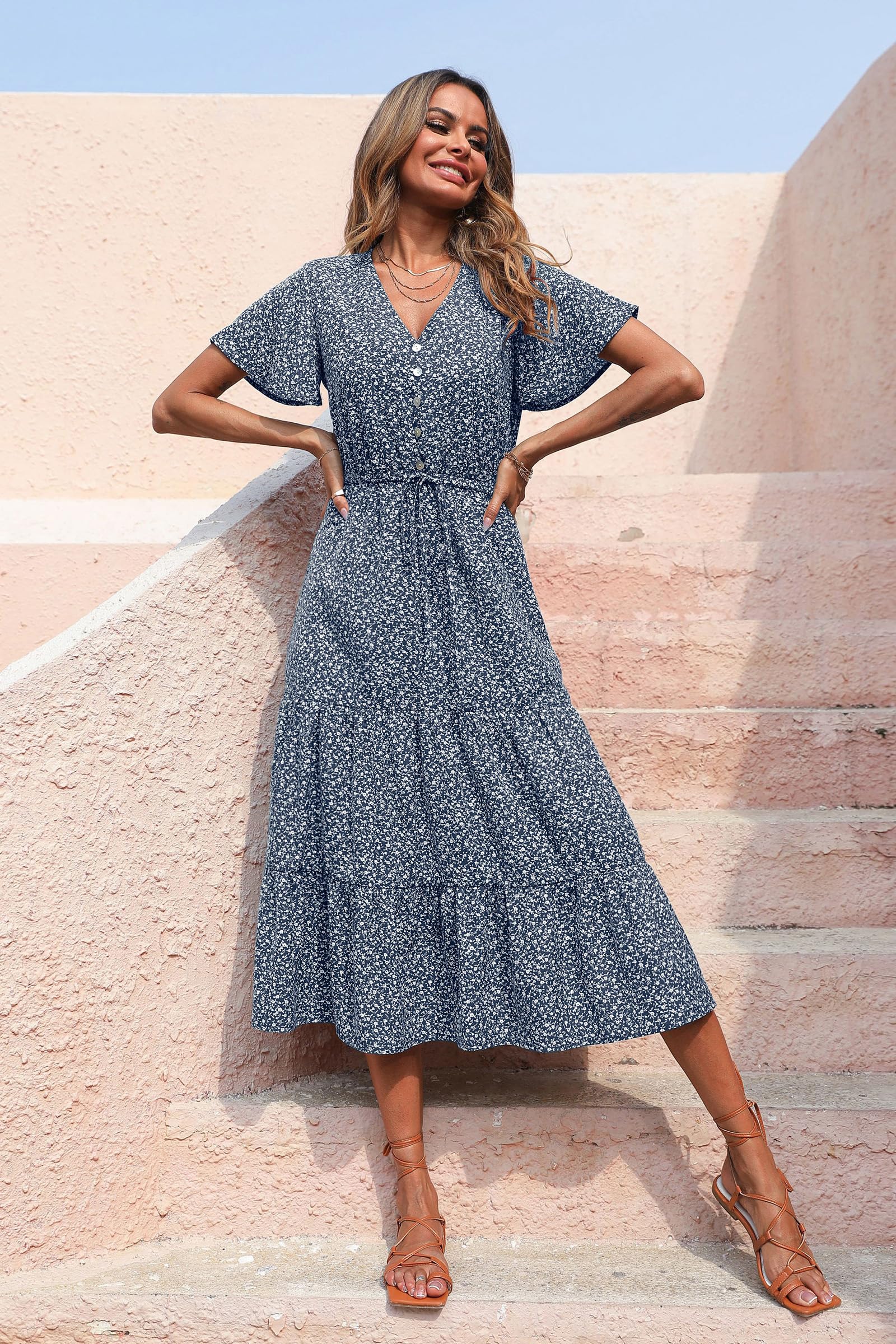 PRETTYGARDEN Women's Floral Maxi Dress - 2025 Summer Casual Short Sleeve V-Neck Tiered Boho Beach Sundress | Perfect for Vacation, Date Night & Outdoor Parties