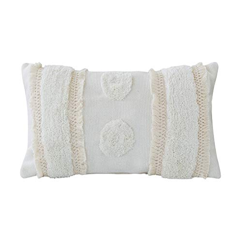 Boho Modern Tufted Shaggy Decorative Throw Pillow Cover for Couch, Sofa or Bed - Cream Lumbar Pillow Case 12x20 Inches (No Insert) - Perfect for Living Room, Bedroom Decor & Home Styling