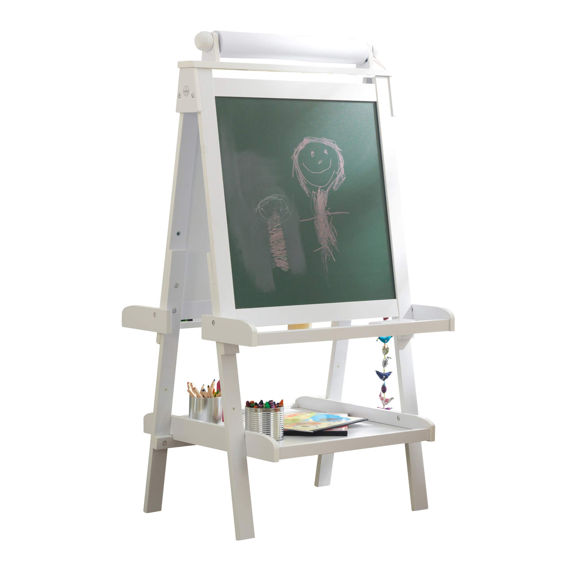 KidKraft Deluxe Wooden Art Easel with Chalkboard & Dry Erase Board, Paper Roll & Paint Cups - White Kids Art Station for Ages 3+ | Perfect for Home, Classroom & Creative Play