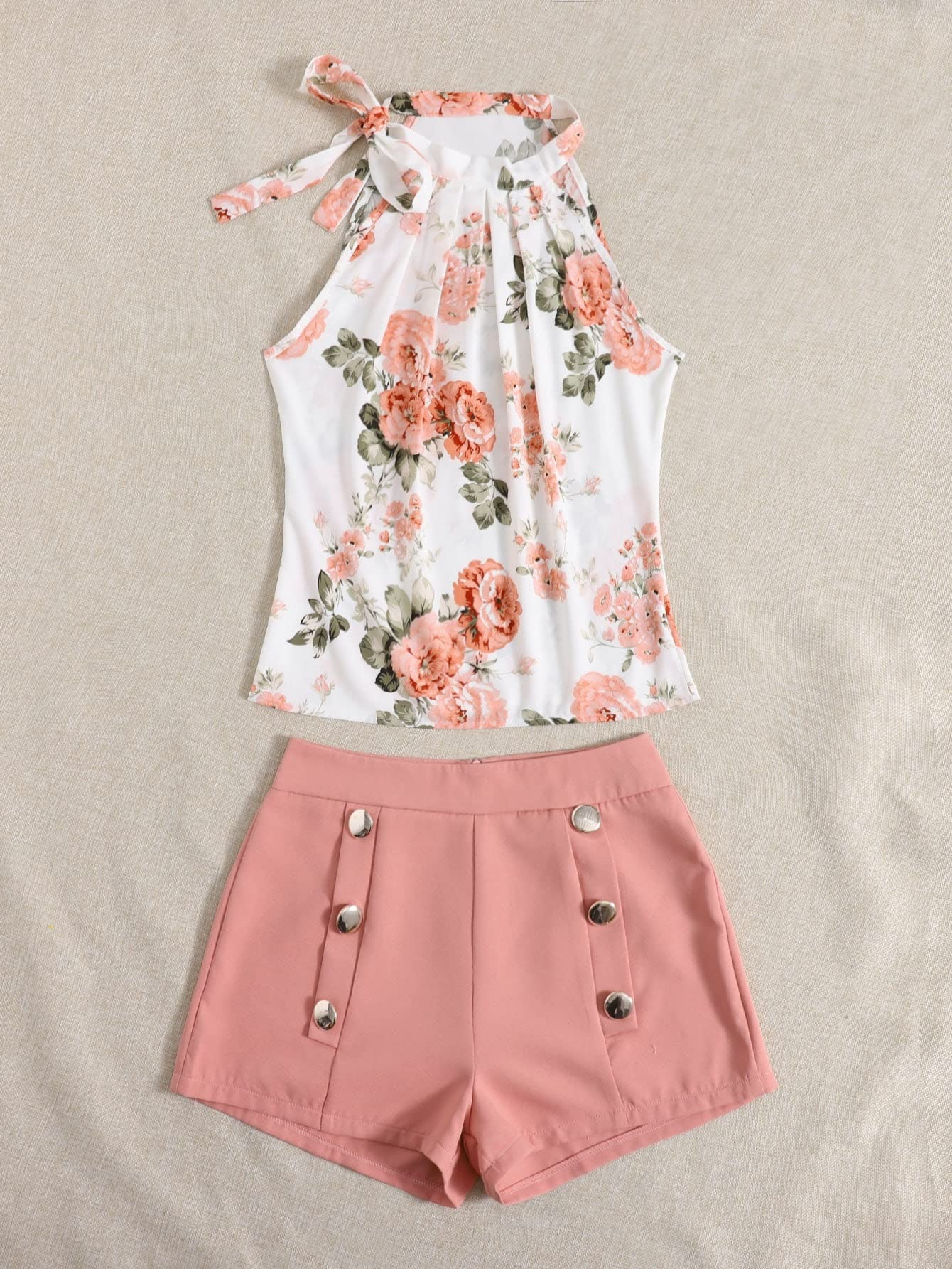 XENIS 2-Piece Women's Summer Floral Print Tie Neck Blouse & Button Shorts Set - Casual Sexy Outfit for Beach, Vacation & Date Night