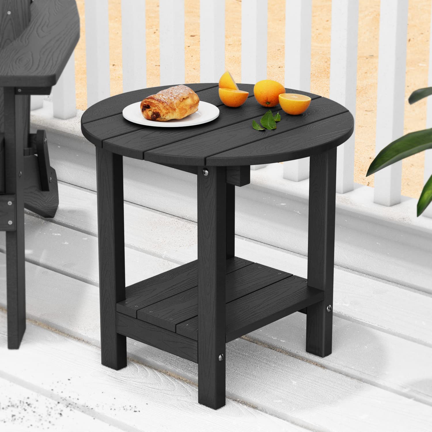 MXIMU 18 Inch Round Outdoor Side Table with Storage Shelf - 2-Tier Plastic Patio End Table for Balcony, Backyard, Lawn - Durable Adirondack Chairside Table (Black, 1 Pack) - Perfect for Outdoor Relaxation, Coffee Time & Garden Decor