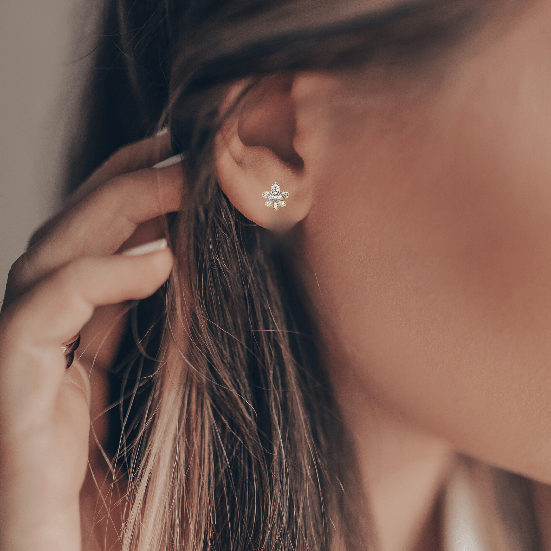 14K Gold Lab Diamond Fleur de Lis Post Earrings for Women - Elegant French Lily Flower Stud Earrings - Perfect for Weddings, Parties & Gift Giving