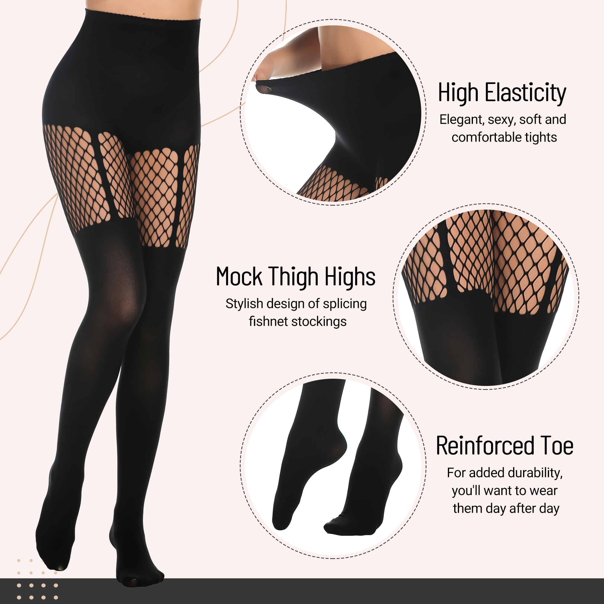 MANZI Women's Faux Thigh High Fishnet Stockings - Opaque Pantyhose with Striped Suspender Tights - Gothic Style Over The Knee Socks for Cosplay, Halloween, Burlesque & Night Out