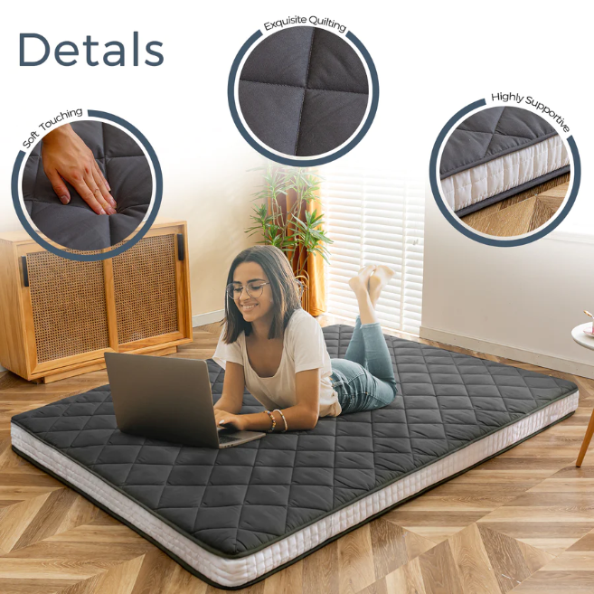 MAXYOYO Diamond Patterned Padded Japanese Futon Bed - Extra Thick Floor Mattress & Quilted Mattress Topper in Dark Grey | Perfect for Guest Beds, Small Spaces & Minimalist Home Decor
