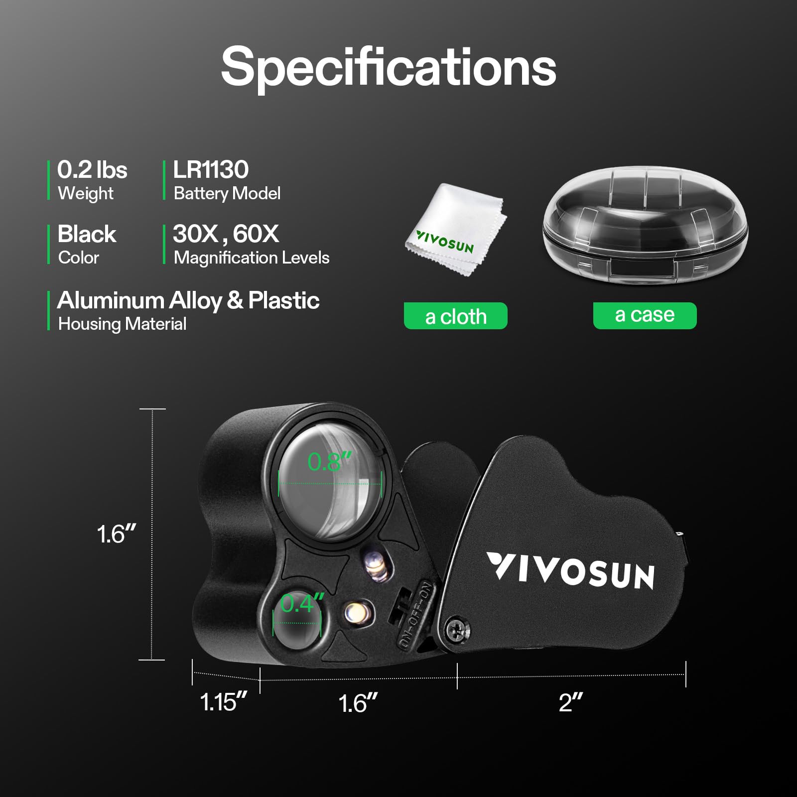 VIVOSUN 30X 60X LED Illuminated Jewelers Loupe - Foldable Magnifying Glass for Jewelry, Gems, Watches, Coins, Stamps & Antiques - Perfect for Gemologists, Collectors & Hobbyists (Black)