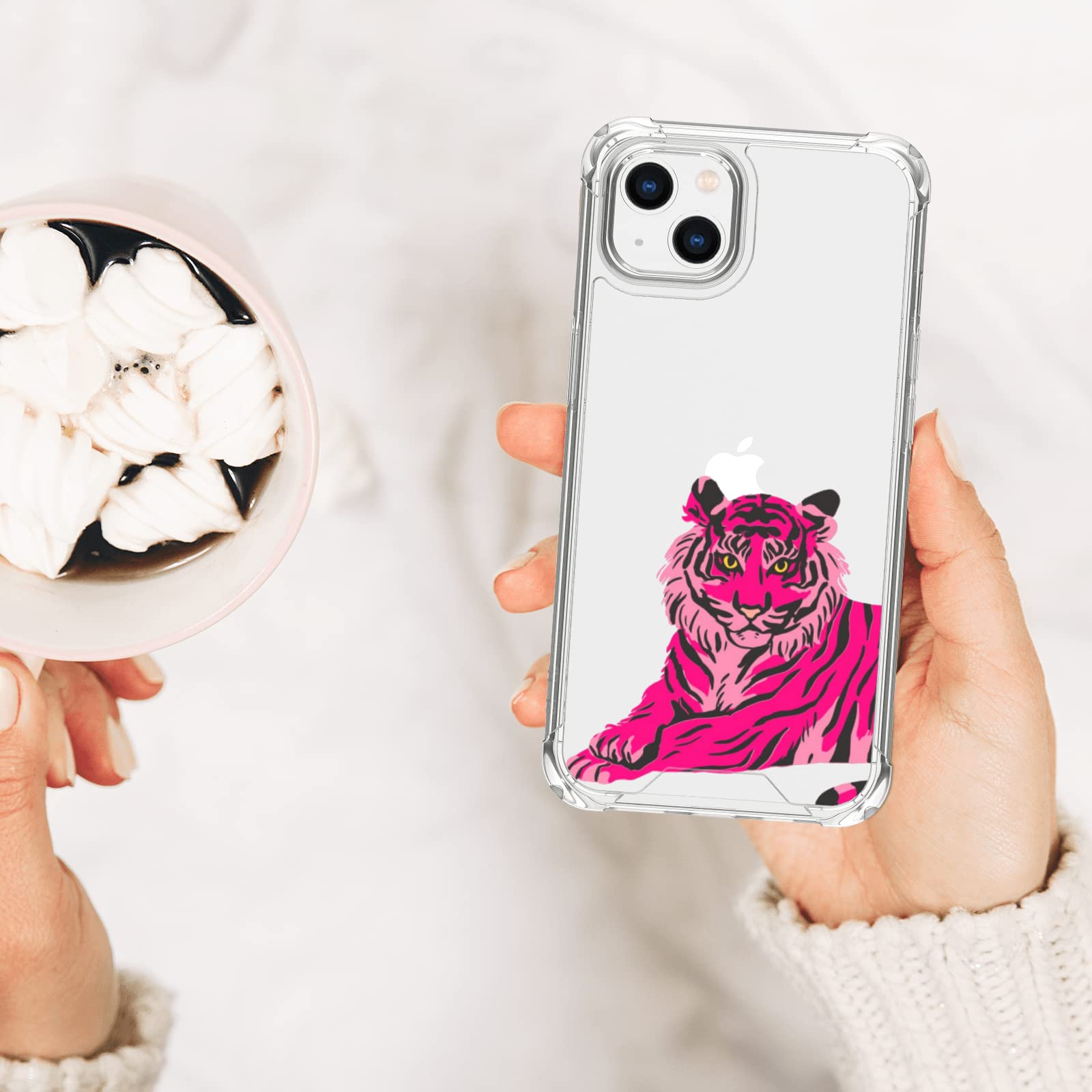 Pink Tiger Phone Case for iPhone 12/13 Mini/Pro/Max/XR - Cute Artistic Painting Design Hard PC with TPU Bumper - Trendy Clear Phone Cover for Women & Girls - Perfect for School, Work & Everyday Use