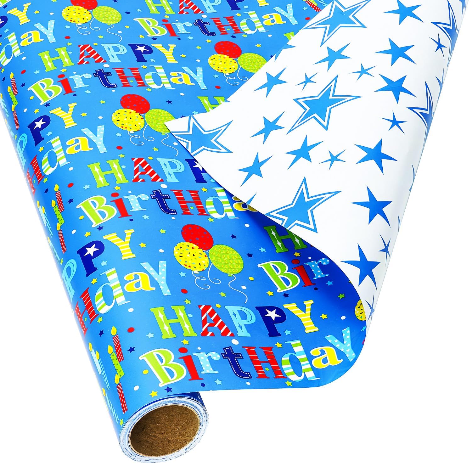 BOLIANNE Reversible Birthday Wrapping Paper Roll - Colorful Happy Birthday Gift Wrap for Boys, Girls, Kids, Adults & Baby Showers - 17.7 x 33 Inch High Gloss Party Gift Wrapping Paper - Perfect for Birthdays, Celebrations & Special Occasions