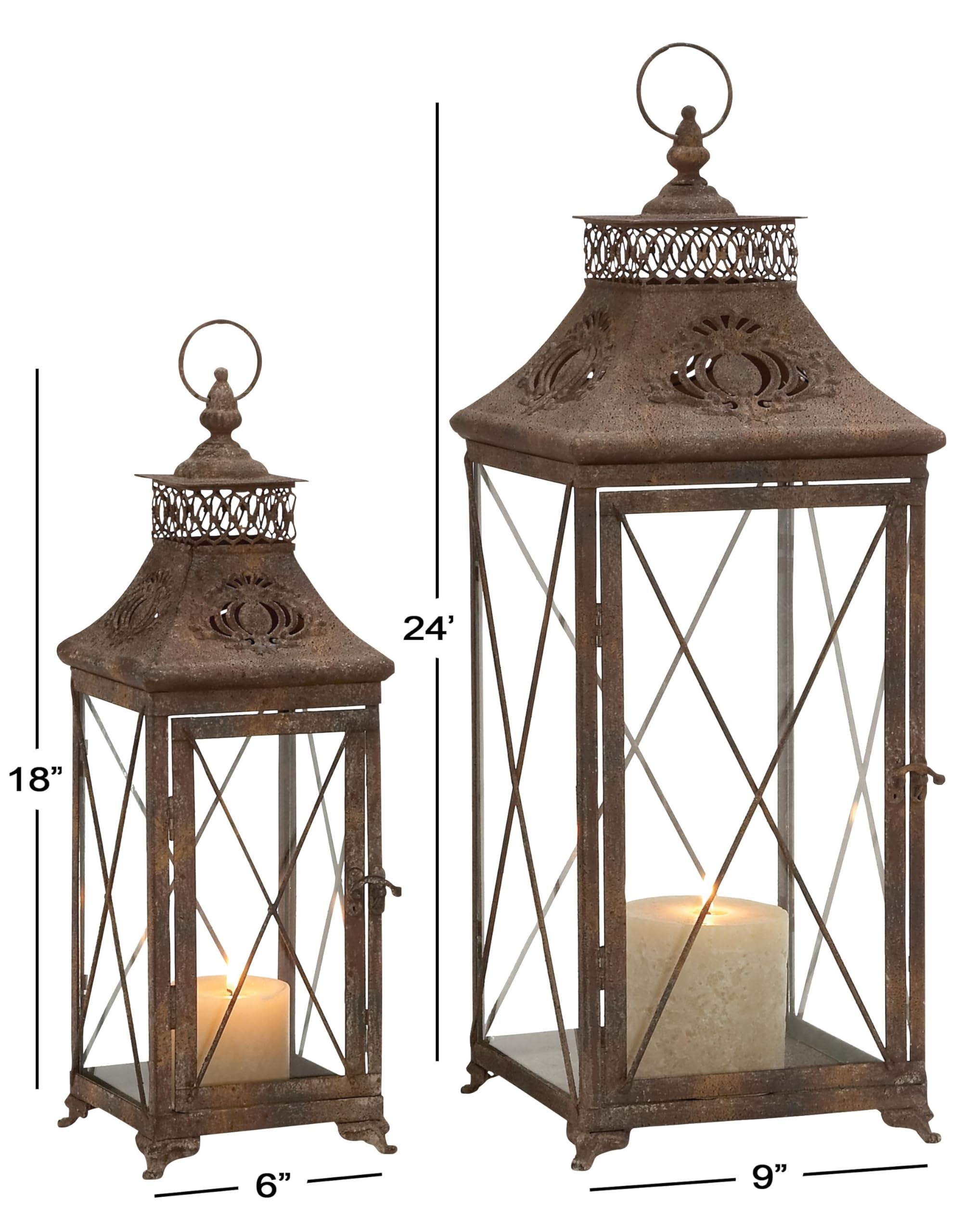 Deco 79 Set of 2 Brown Metal Candle Lanterns - 24