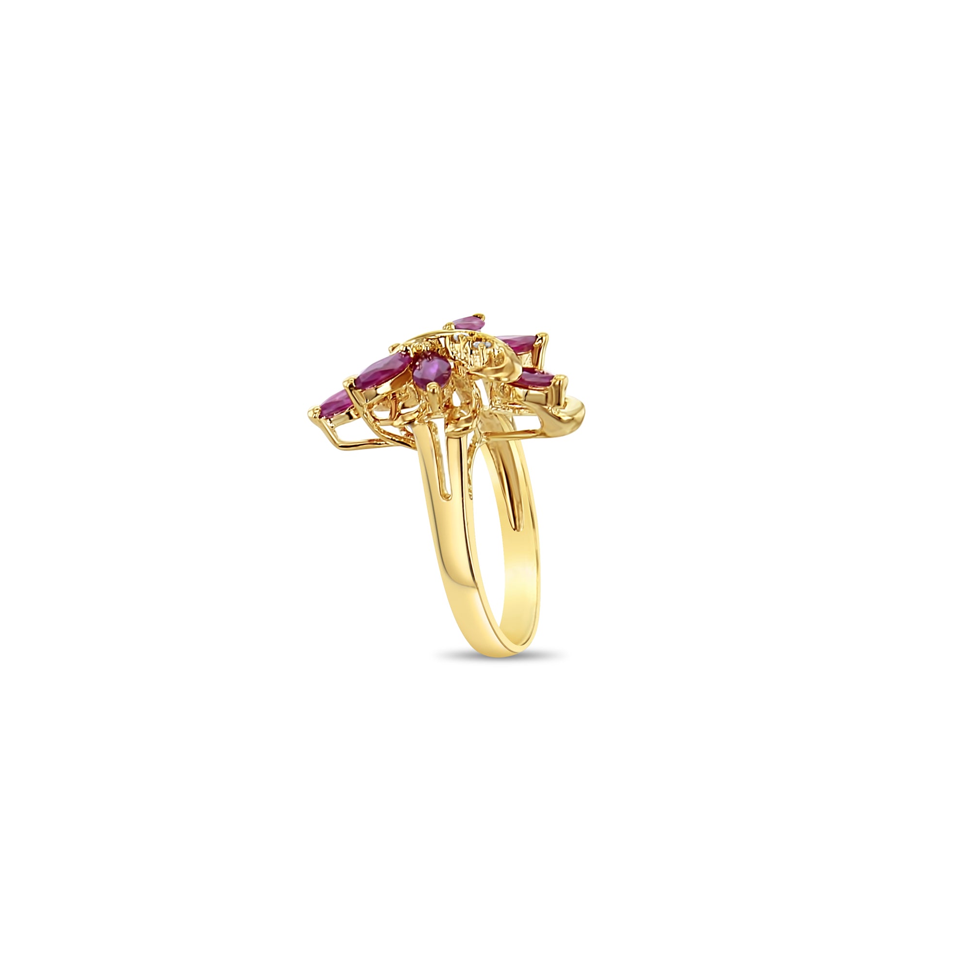 14k Yellow Gold Marquise Ruby Leaf Floral Cluster Ring - Elegant Vintage Jewelry for Weddings, Anniversaries & Special Occasions