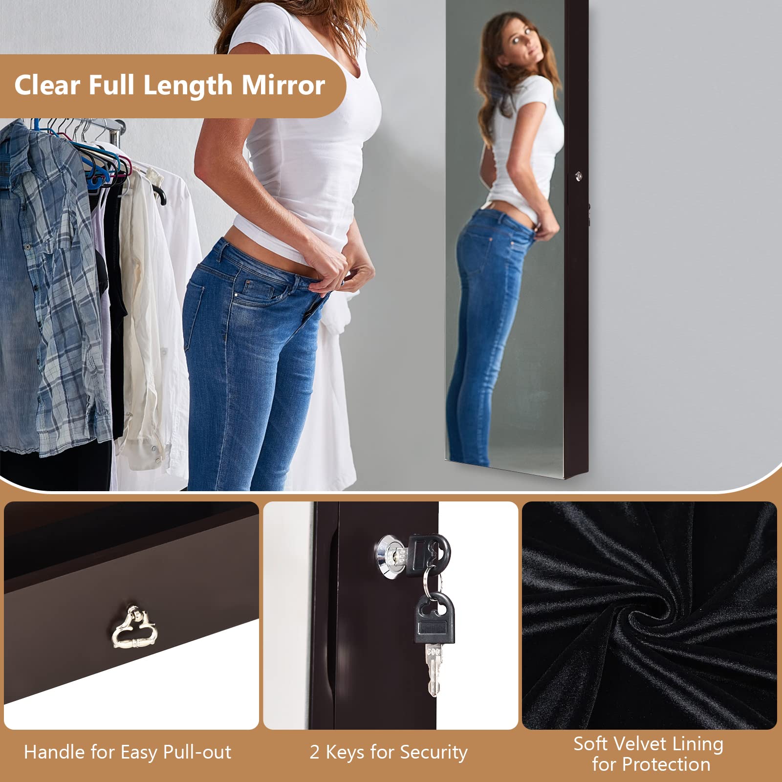 COSTWAY Hanging Jewelry Organizer with Full-Length Mirror & LED Lights - Wall Mount Jewelry Cabinet with Lock, Large Storage for Necklaces, Rings, Earrings - Perfect for Bedroom, Closet & Dressing Room (Brown)