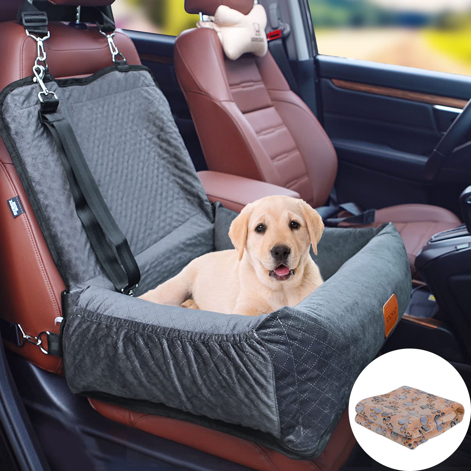 Premium Dog Car Booster Seat for Small & Medium Dogs - Travel Pet Bed with Removable Washable Blanket, Safe & Comfortable for Cars, Trucks & SUVs - Perfect for Road Trips, Vet Visits & Daily Commutes