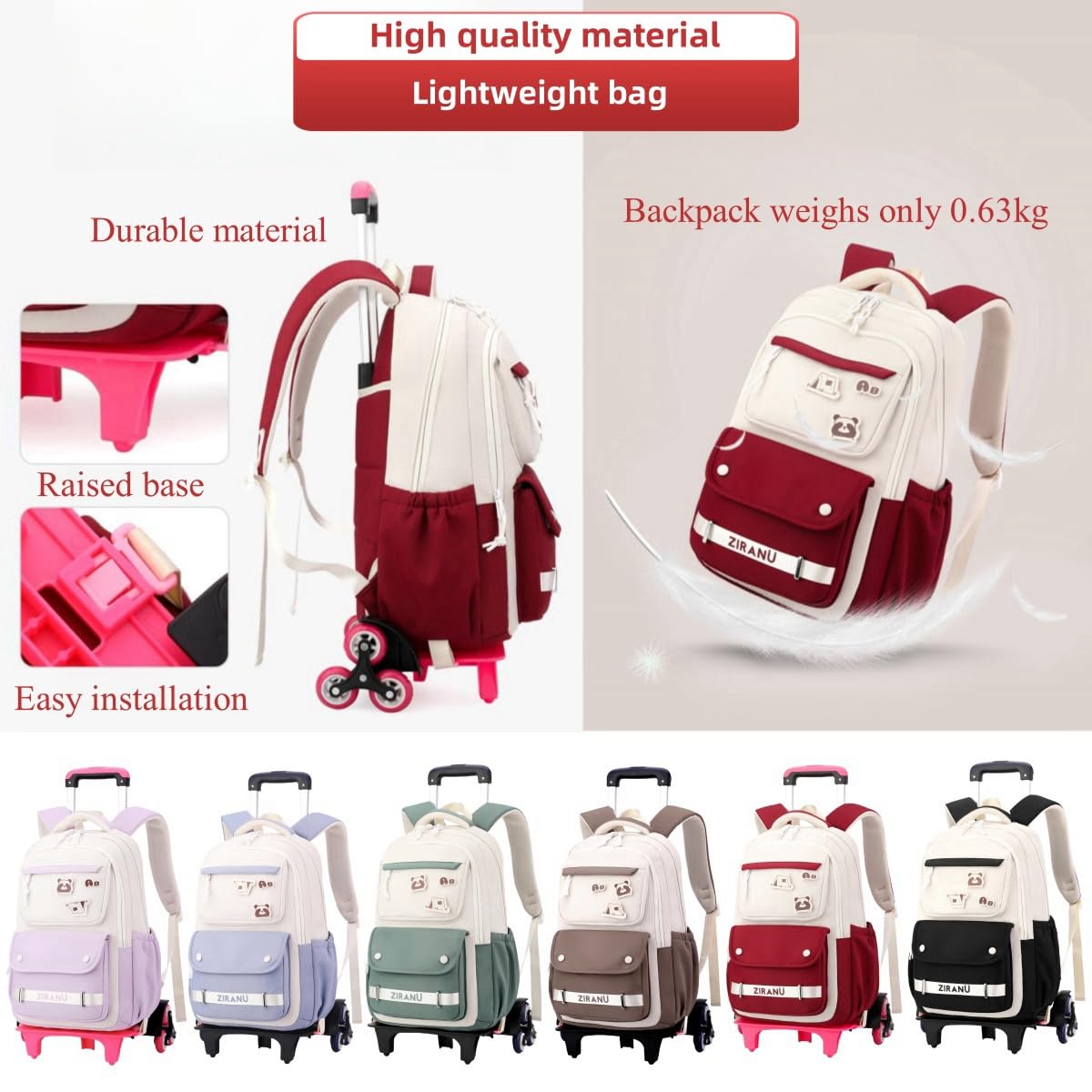 EKUIZAI Rolling Backpack for Girls - Wheeled School Backpack with Extendable Handle for Middle School & Teen Girls | Perfect for School, Travel & Daily Commute
