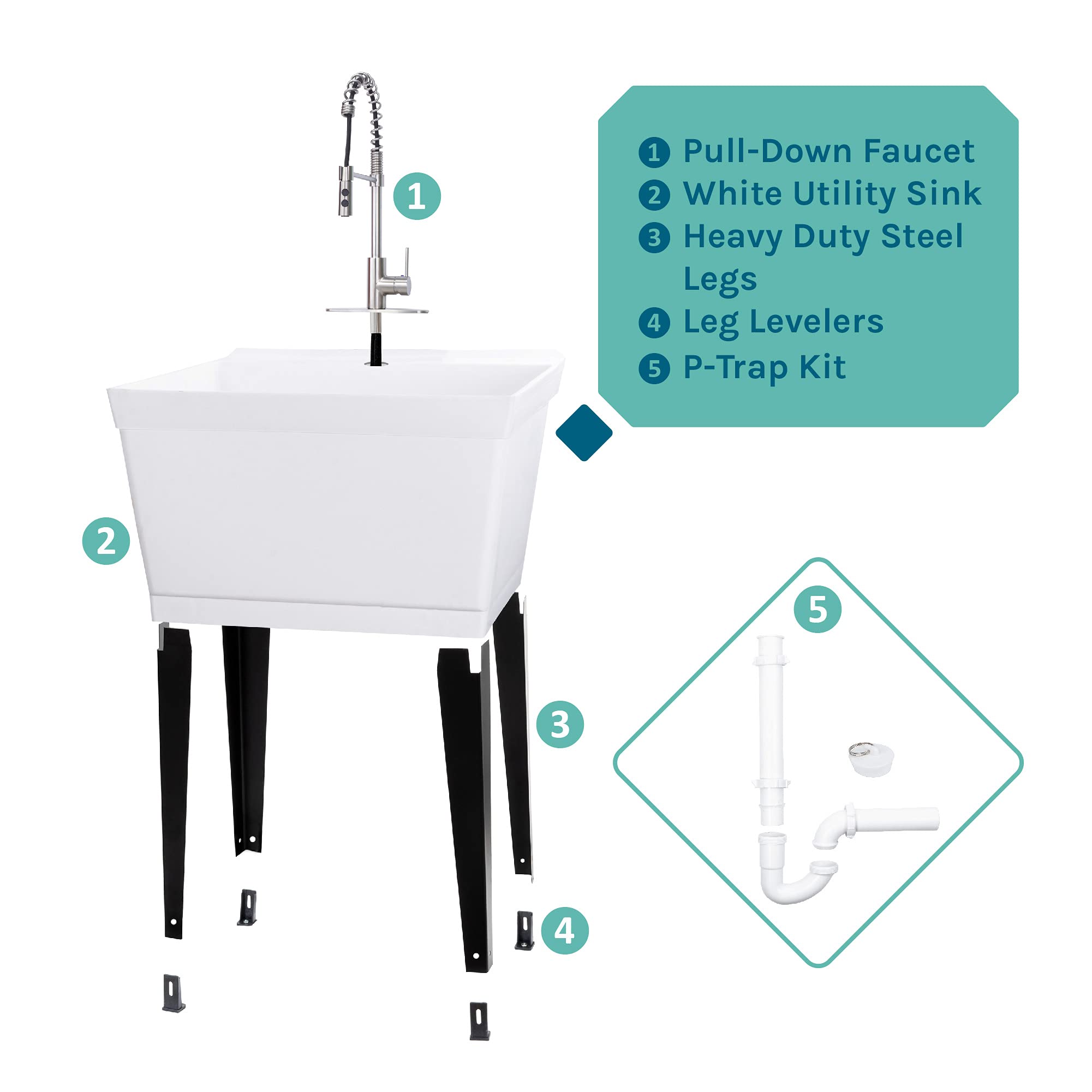 Extra-Deep Utility Sink Laundry Tub - White Freestanding Wash Station with High-Arc Stainless Steel Pull-Down Sprayer Faucet, Integrated Supply Lines & P-Trap Kit - Heavy Duty Floor Mounted for Laundry Rooms, Basements & Garages