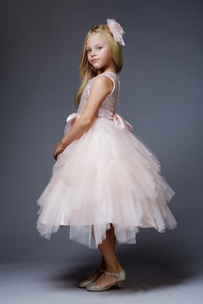 Big Girls Blush Sequin Ruffle Tiered Lola Dress for Special Occasions - Size 8-12 | Birthday Party, Prom, Pageant, Formal Events