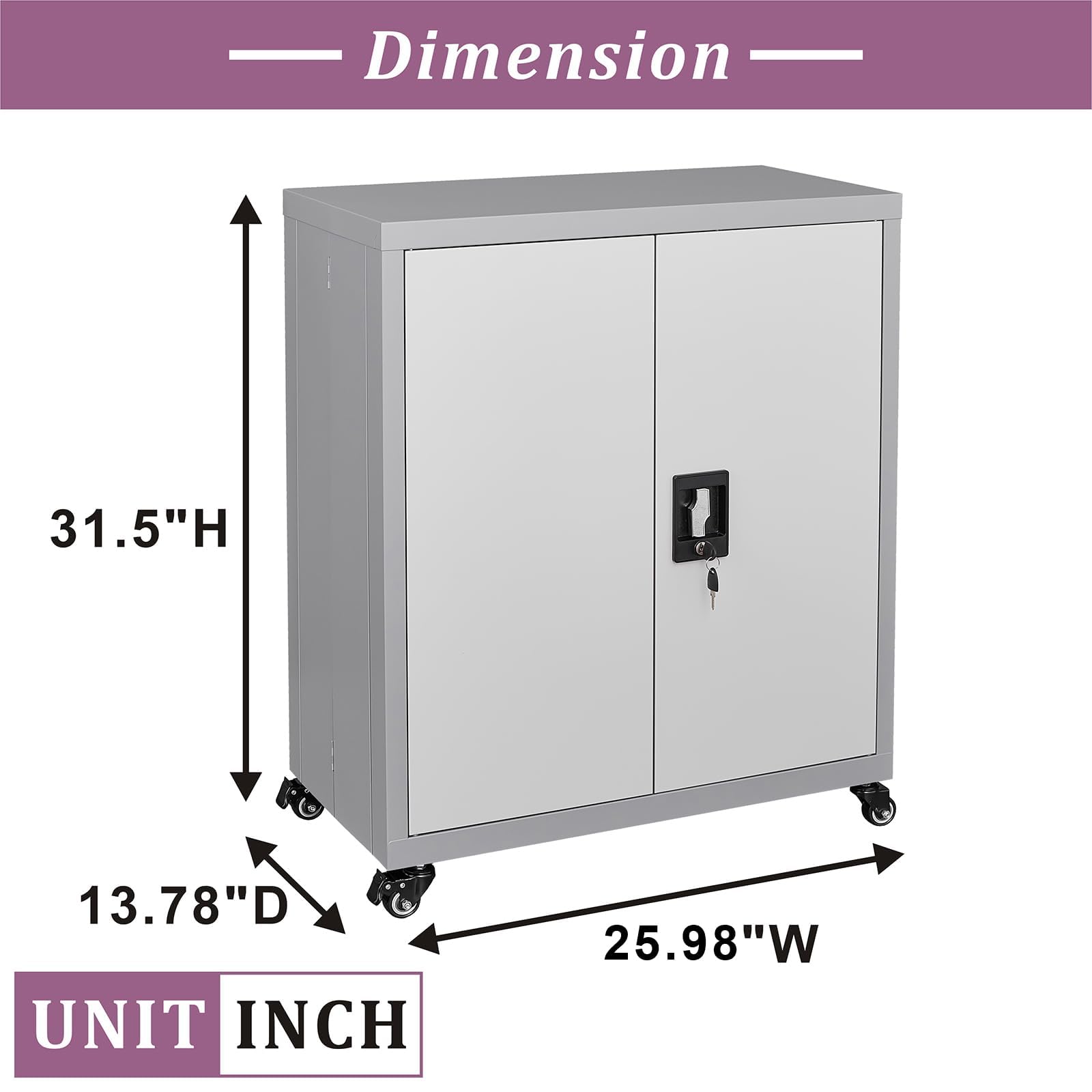 Lockable Metal Storage Cabinet with Adjustable Shelves & Wheels - Heavy Duty Garage Organizer for Home, Office, Kitchen & Living Room - Space Saving Grey Steel Cabinet for Tools, Supplies & Household Items