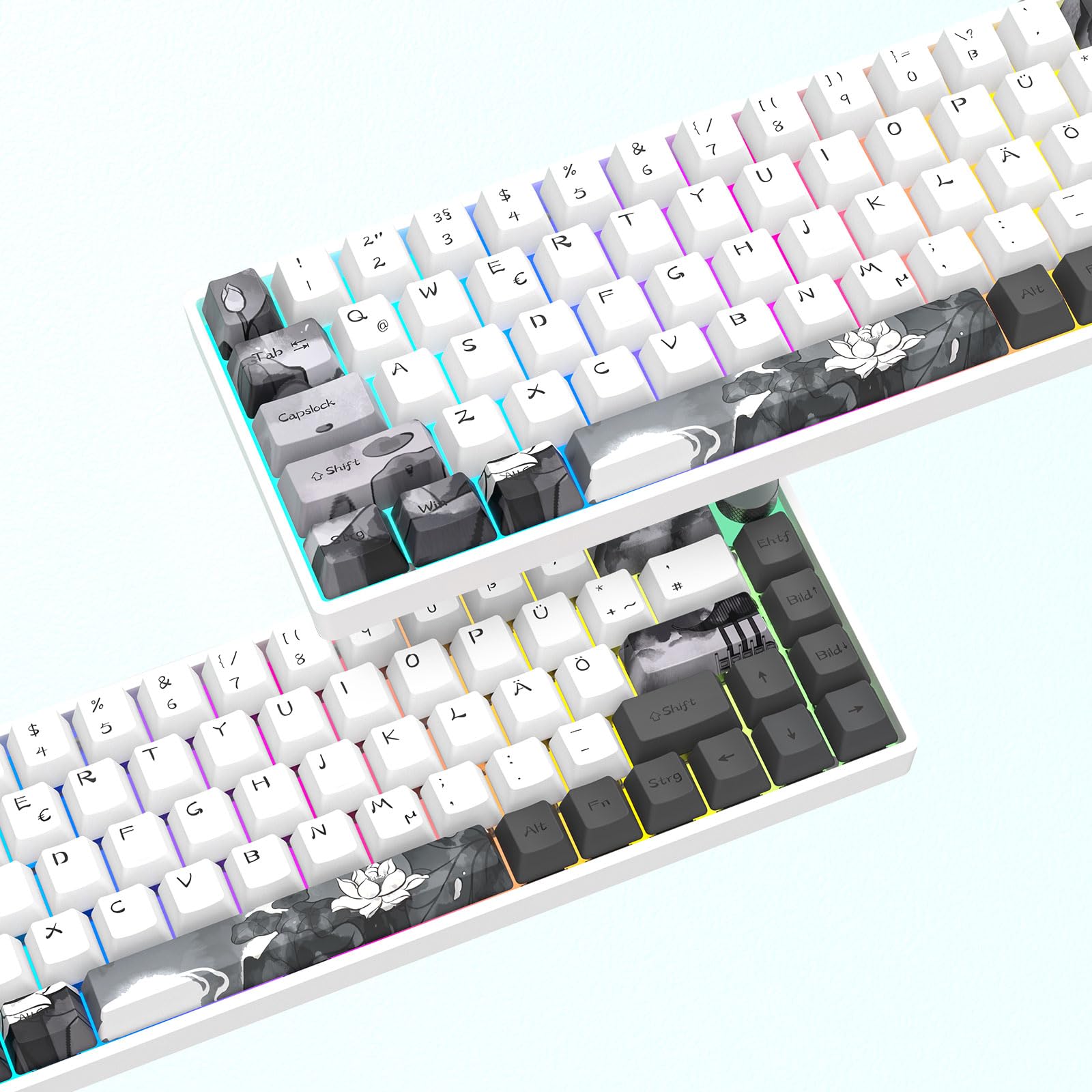 MOLGRIA GK68 68-Key RGB Backlit Hot Swappable Mechanical Gaming Keyboard with Ink Lotus Deutsch Keycaps, Gateron Yellow Switches, Triple Mode Connection & Knob - Compatible with Win/Mac OS - Perfect for Gaming, Typing & Office Work