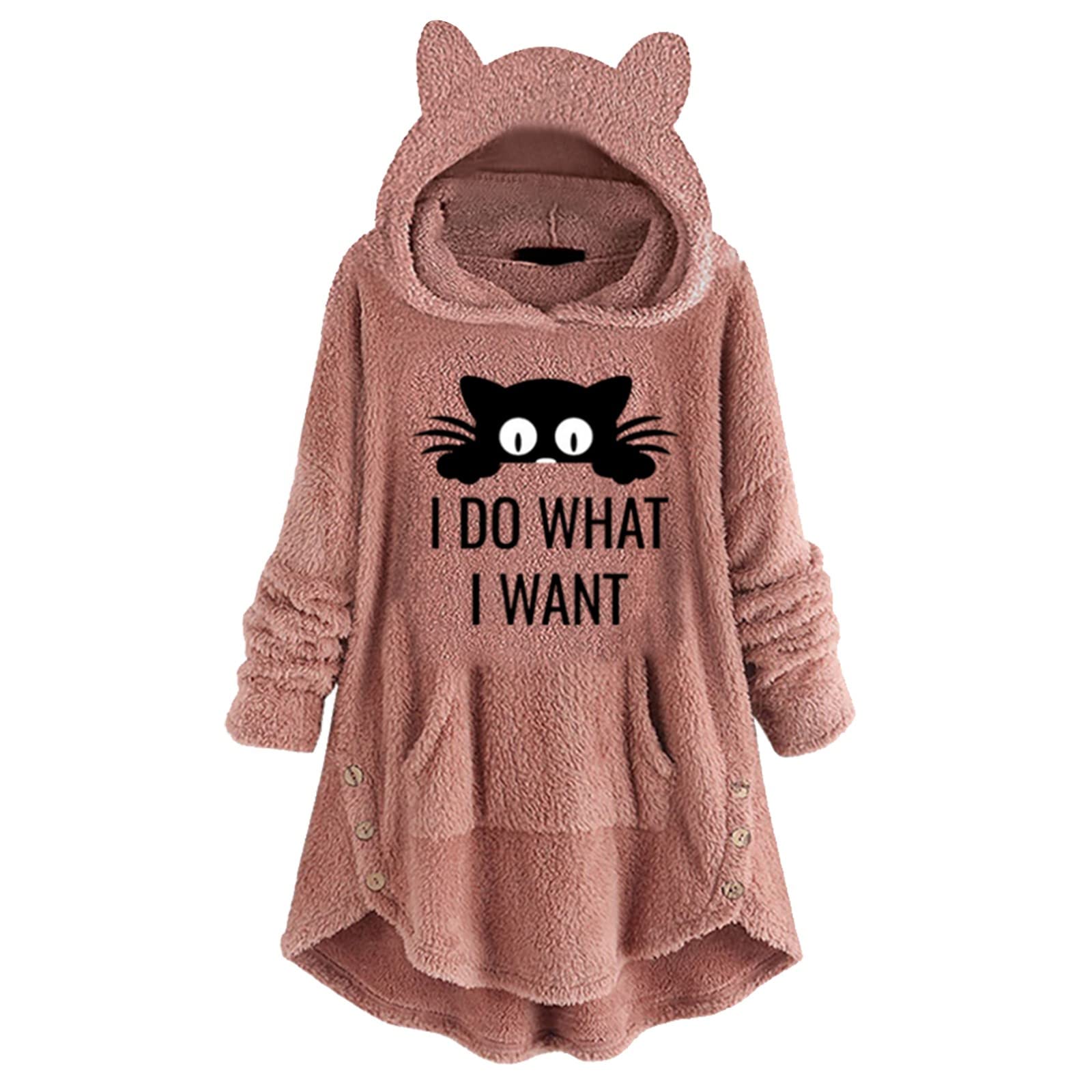 Women's Fleece Hoodie with Button Front, Printed Design, Kangaroo Pockets & Ear Hood - Cozy Long Sleeve Sweatshirt for Morning Sun (Pink, XL) | Perfect for Casual Wear, Outdoor Activities & Lounge Comfort