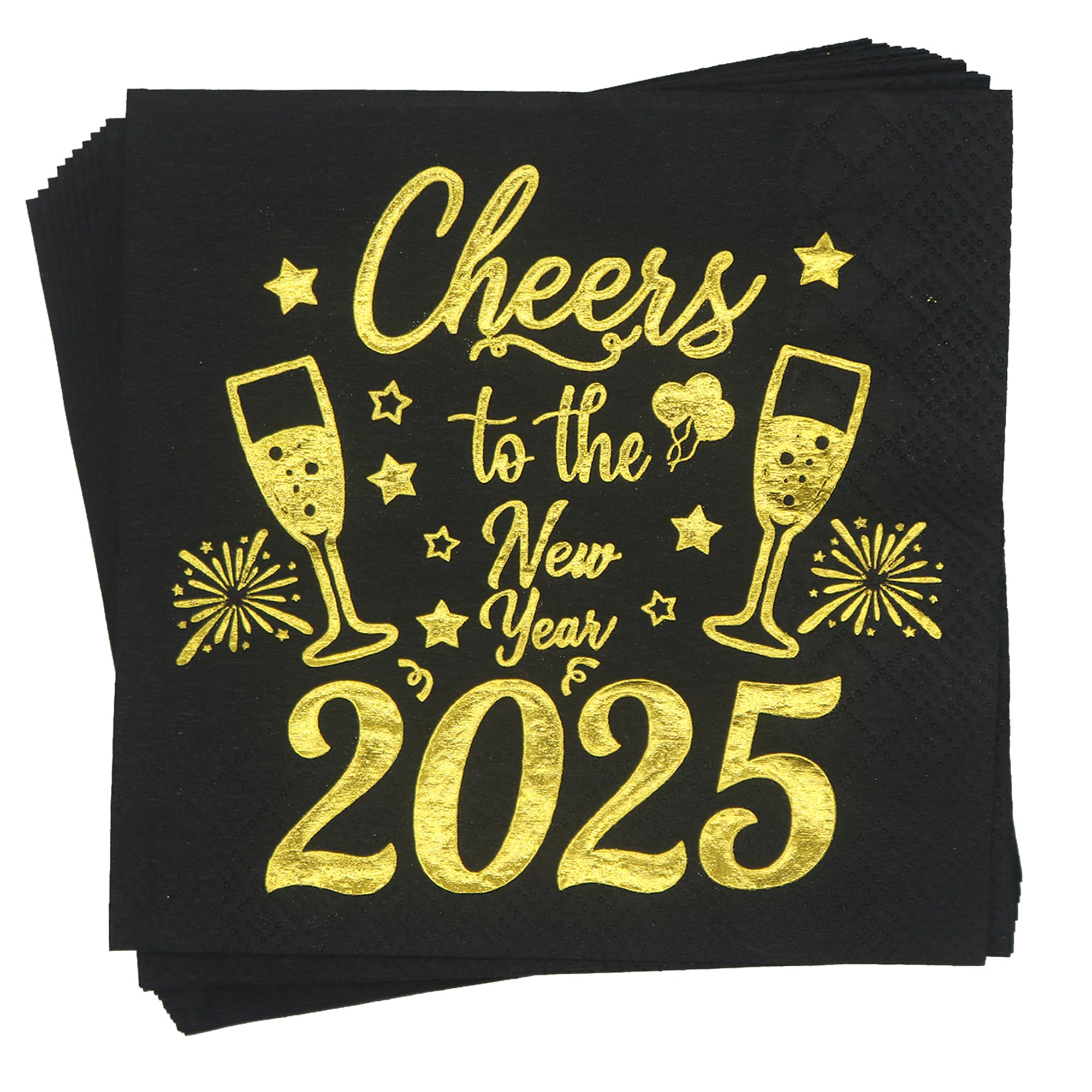 2025 New Year's Eve Party Napkins - Gold Foil Cheers Design, 5x5 Inch, 50-Pack - Perfect for NYE Celebrations, Countdown Parties & Holiday Decorations