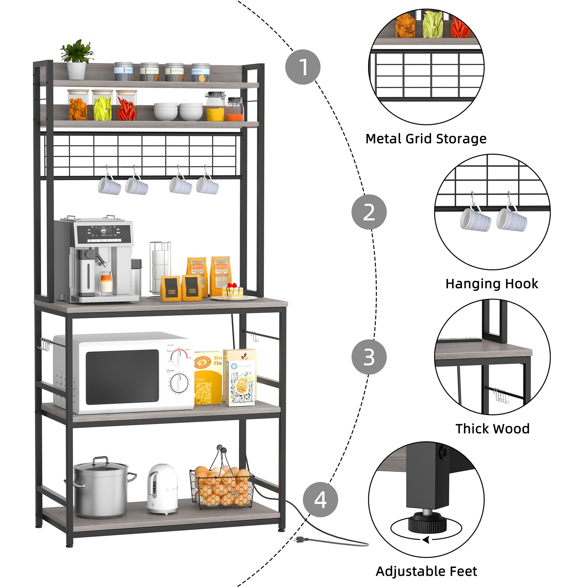 JAMFLY 5-Tier Kitchen Bakers Rack with Power Outlet & Storage Cabinet - Coffee Bar Organizer, Microwave Stand with 10 Hooks & Metal Wire Panel (Grey) - Perfect for Small Kitchens, Pantry Storage & Coffee Station Setup
