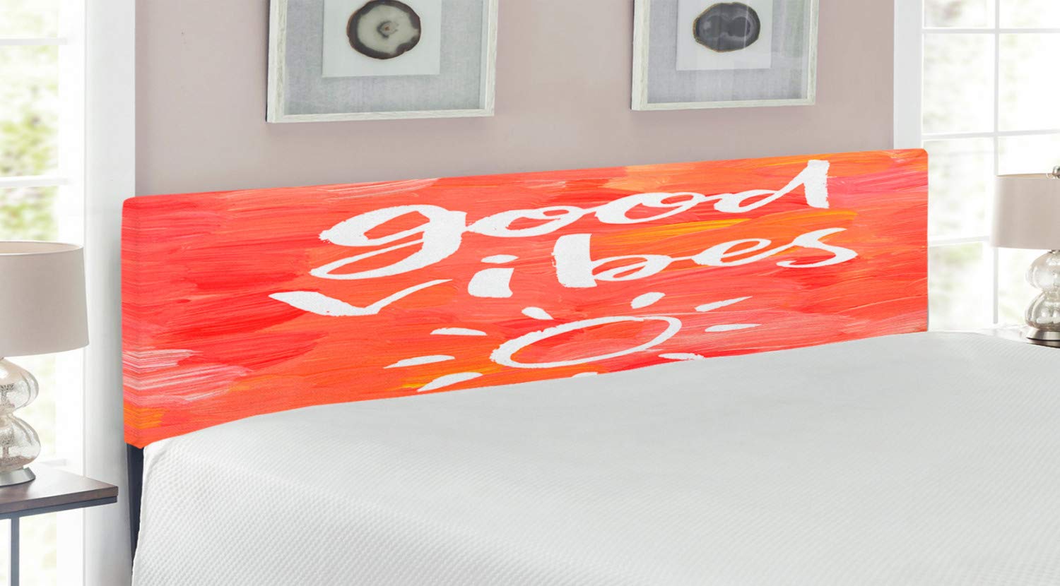 Ambesonne Upholstered King Size Headboard with Memory Foam - Hand-Painted Sun Design & Inspirational Brushstroke Art in Dark Coral White | Perfect for Master Bedrooms, Guest Rooms & Cozy Reading Nooks