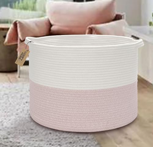 COMFY-HOMI Extra Large Woven Storage Basket 21x21x13.6 Inches - Cotton Rope Toy Organizer & Blanket Holder for Nursery, Living Room, Bedroom - White/Pink Baby Basket for Newborns & Home Decor
