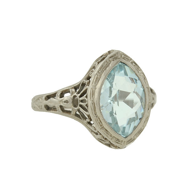 Art Deco 14kt Gold Aquamarine Navette Filigree Ring - 1.75ctw Vintage Jewelry for Women, Elegant Bridal Gift, Perfect for Weddings & Special Occasions