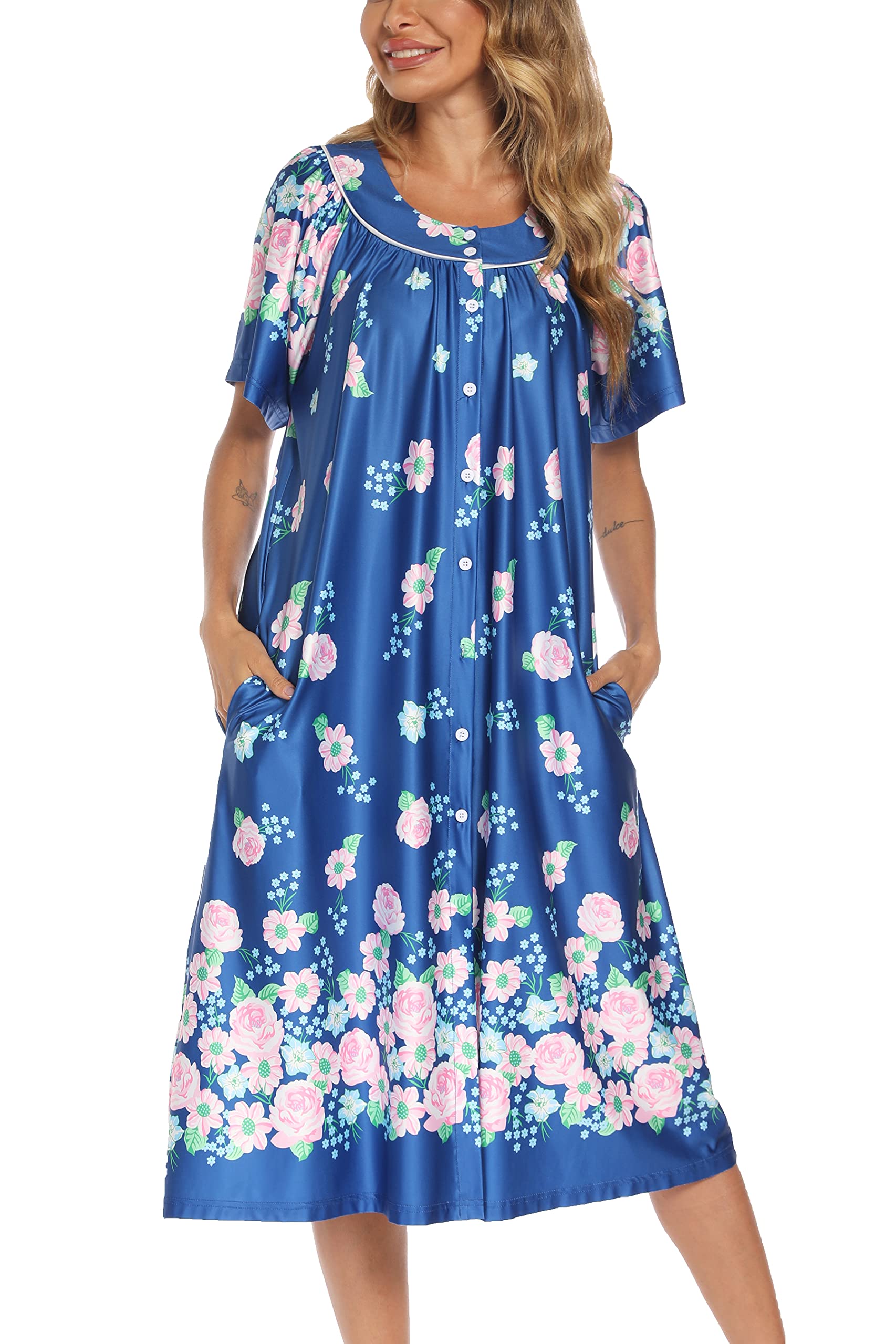 YOZLY Women's Short Sleeve House Dress - Comfortable Mumu Duster Robe with Pockets | Perfect for Lounging, Maternity Wear & Casual Home Outfits