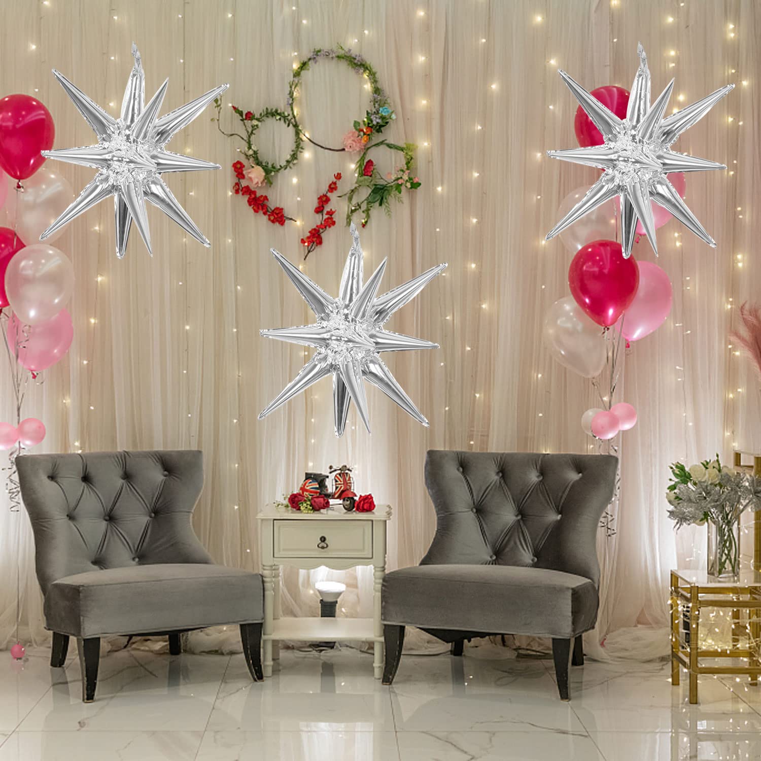 6 Pcs Silver Star Foil Balloons - 14-Pointed 3D Starburst Mylar Balloons 22 Inch for Christmas, Birthday, Wedding, Anniversary Party Decorations (Silver) | Perfect for Indoor & Outdoor Celebrations, Photo Backdrops, and Festive Events