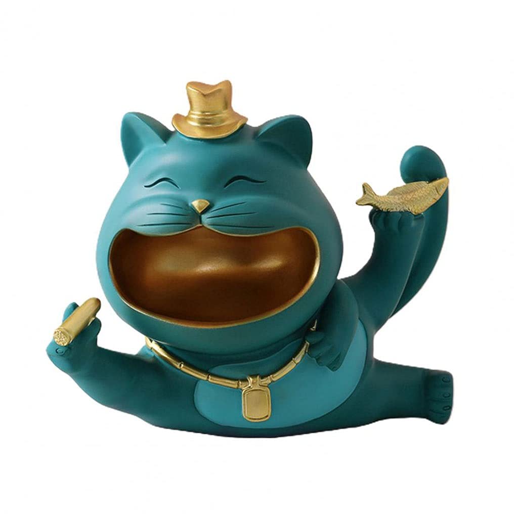 WALNUTA Resin Lucky Big Mouth Cat Storage Box - Home Decor Sculpture, Modern Art Ornament, Nordic Style Candy Container - Green - Perfect for Living Room Decor, Office Desk Accessory & Gift Idea