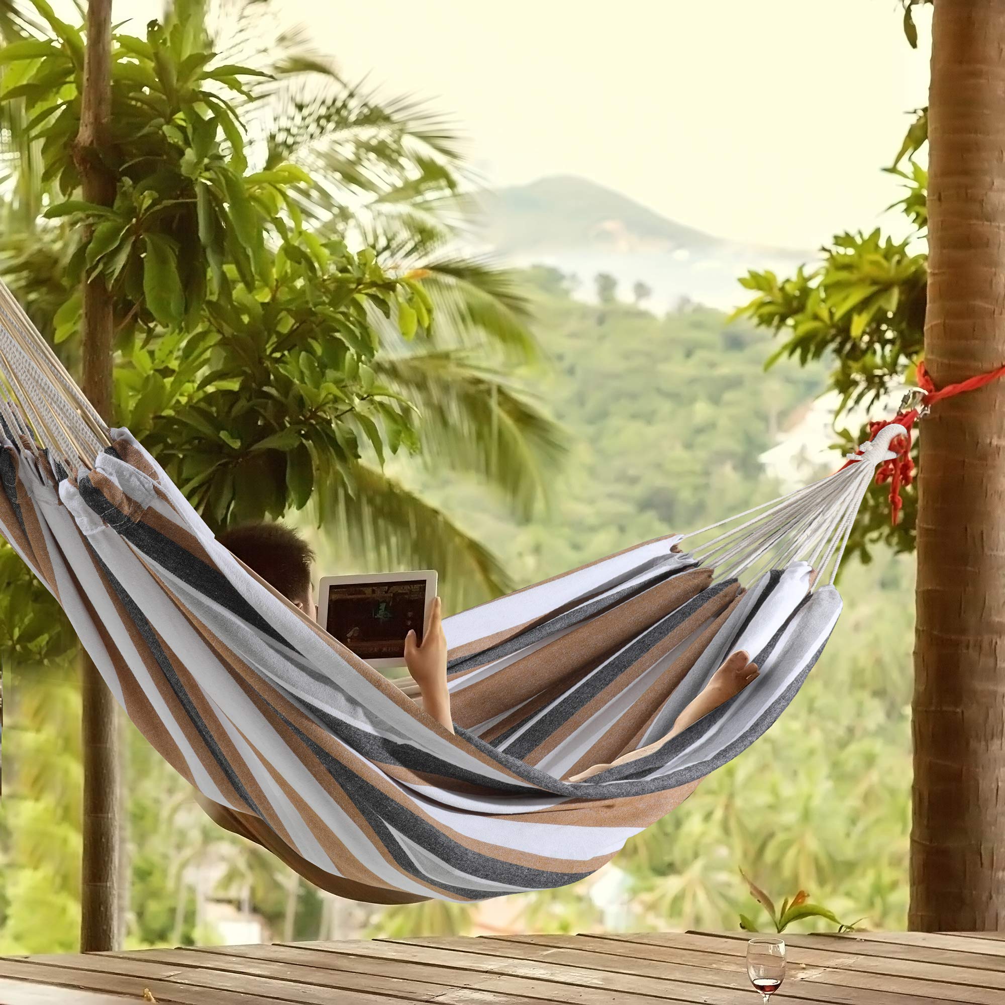 Double Hammock Brazilian Style with Carrying Bag - Soft Woven Fabric Supports 450lbs - Extra Large Brown & Grey Stripe - Perfect for Patio, Garden, Backyard, Porch, Indoor & Outdoor Relaxation
