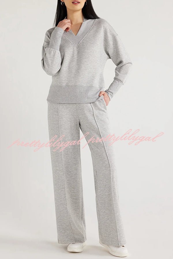 Women's Solid Color V-Neck Top & Elastic Waist Lounge Pants Set with Pockets - Cozy Winter Loungewear for Home, Yoga, and Relaxation