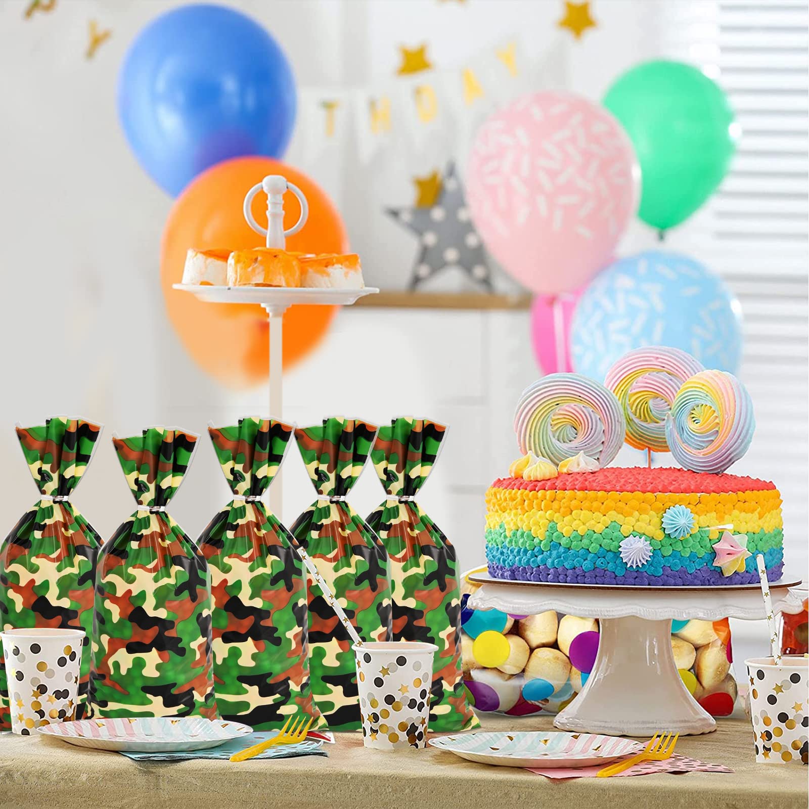 100 Pcs Camouflage Treat Bags - Camo Print Cellophane Candy Bags with Twist Ties for Army Themed Birthday Parties, Baby Showers & Halloween Favors | Perfect for Military Party Decorations, School Events & Outdoor Adventures