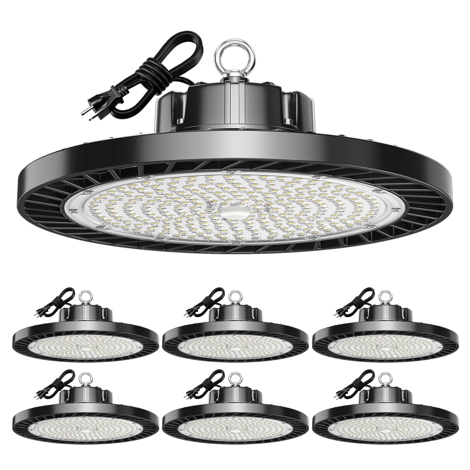 UFO LED High Bay Lights 5000K 200W 30000LM 6 Pack with Plug - Energy Efficient Shop Lighting for Warehouse, Workshop, Factory, Gym, Garage & Barn - AC100-277V - Bright White Daylight for Commercial & Industrial Spaces