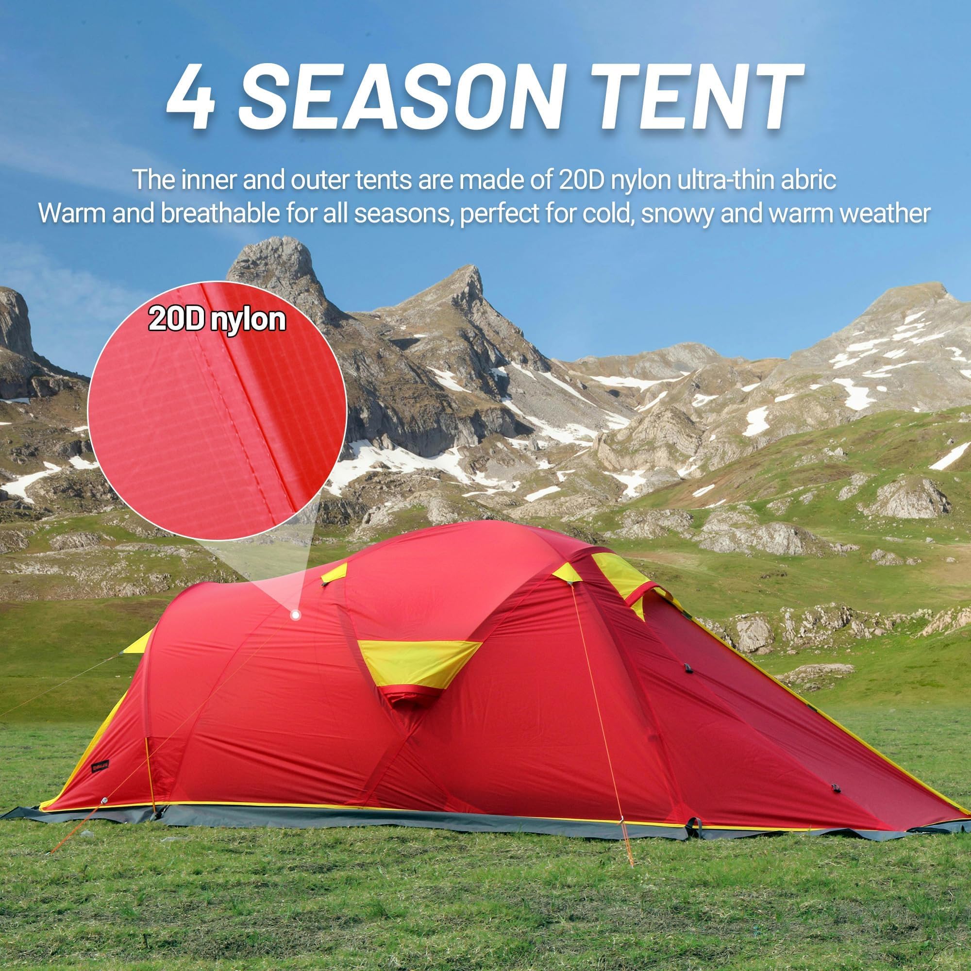 Hiamalay 4 Season All-Weather Tent - Waterproof Windproof Lightweight Camping Tent for Winter, Cold Weather & Outdoor Adventures - Easy Setup for Family Camping, Hiking & Mountaineering - Perfect for Snowy Expeditions & Backpacking Trips