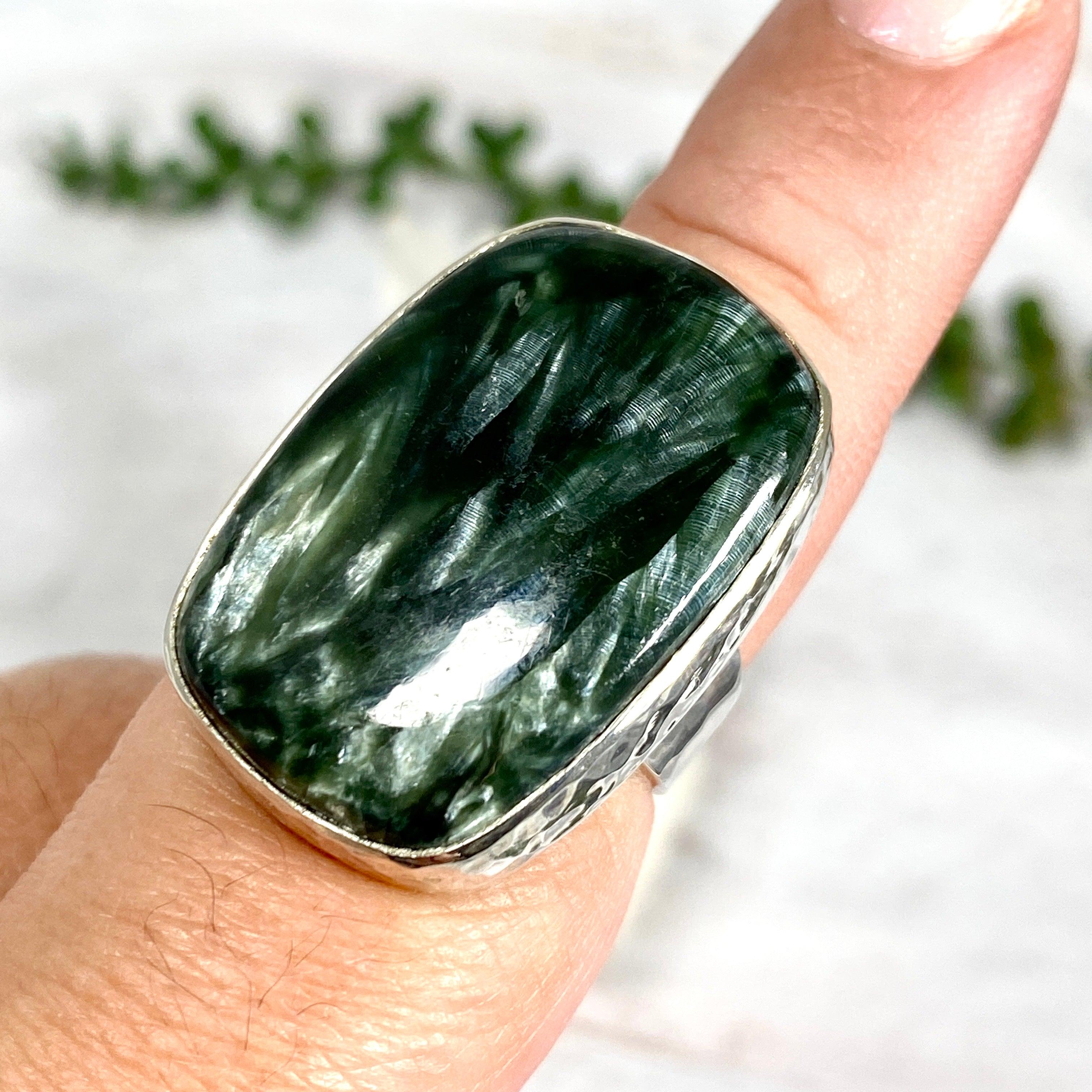 Seraphinite Rectangular Ring Size 8 - Elegant Green Gemstone Jewelry for Women | Perfect for Gifts, Parties & Special Occasions