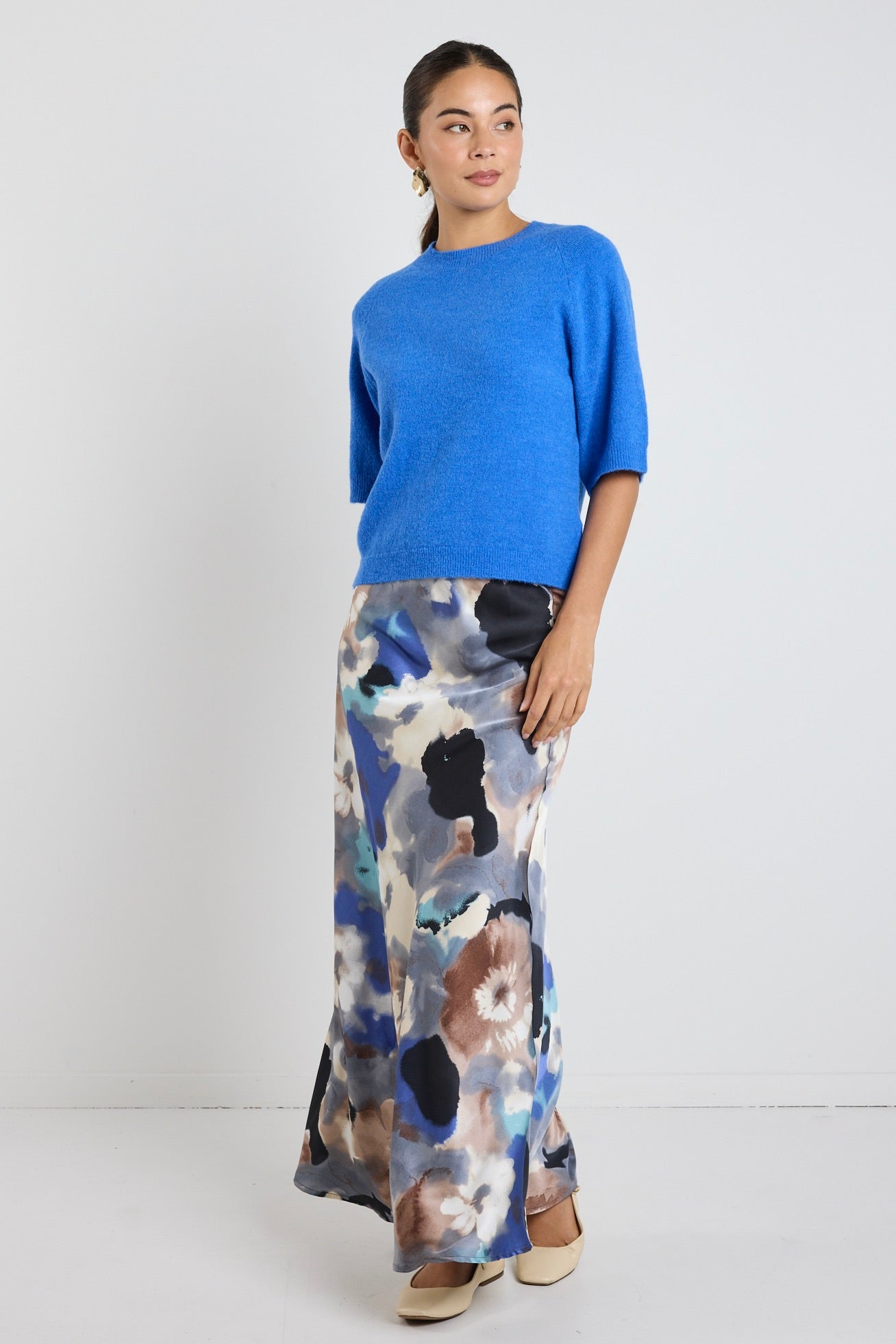 Frantic Navy Multi Watercolor Satin Bias Maxi Skirt - Elegant Flowy Long Skirt for Women, Perfect for Beach, Wedding & Summer Outfits