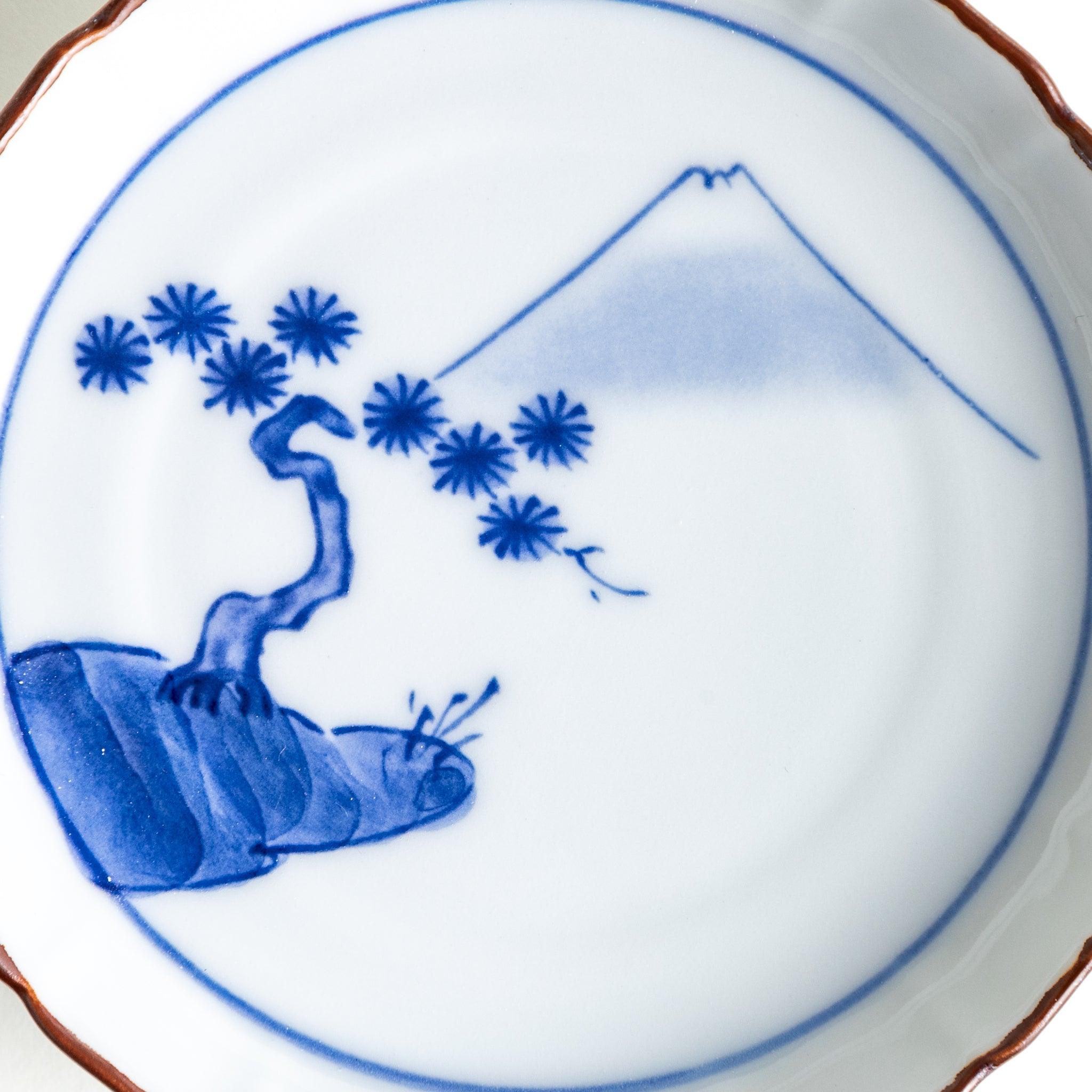 Blue Pine Grove Mount Fuji Raised Rim Sauce Dish - Japanese Style Ceramic Soy Sauce Dish for Sushi, Ramen & Asian Cuisine - Perfect for Home Dining & Restaurant Use