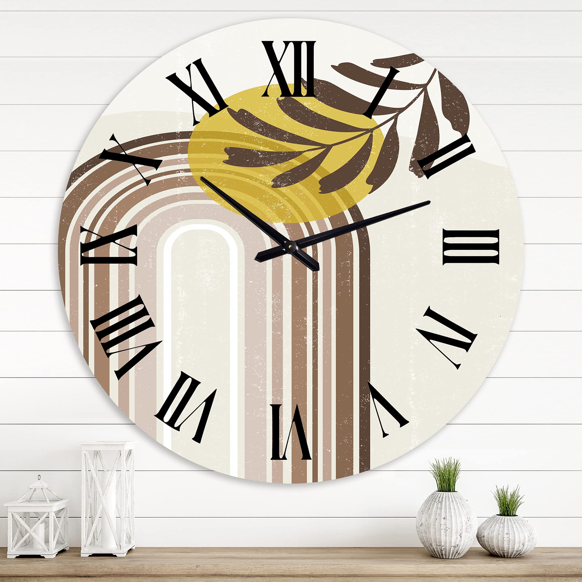 Abstract Sun and Moon Wall Clock with Leaf Design - Modern Large Earth Tone Wall Clock for Home Office Decor | Perfect for Living Room, Bedroom & Workspace