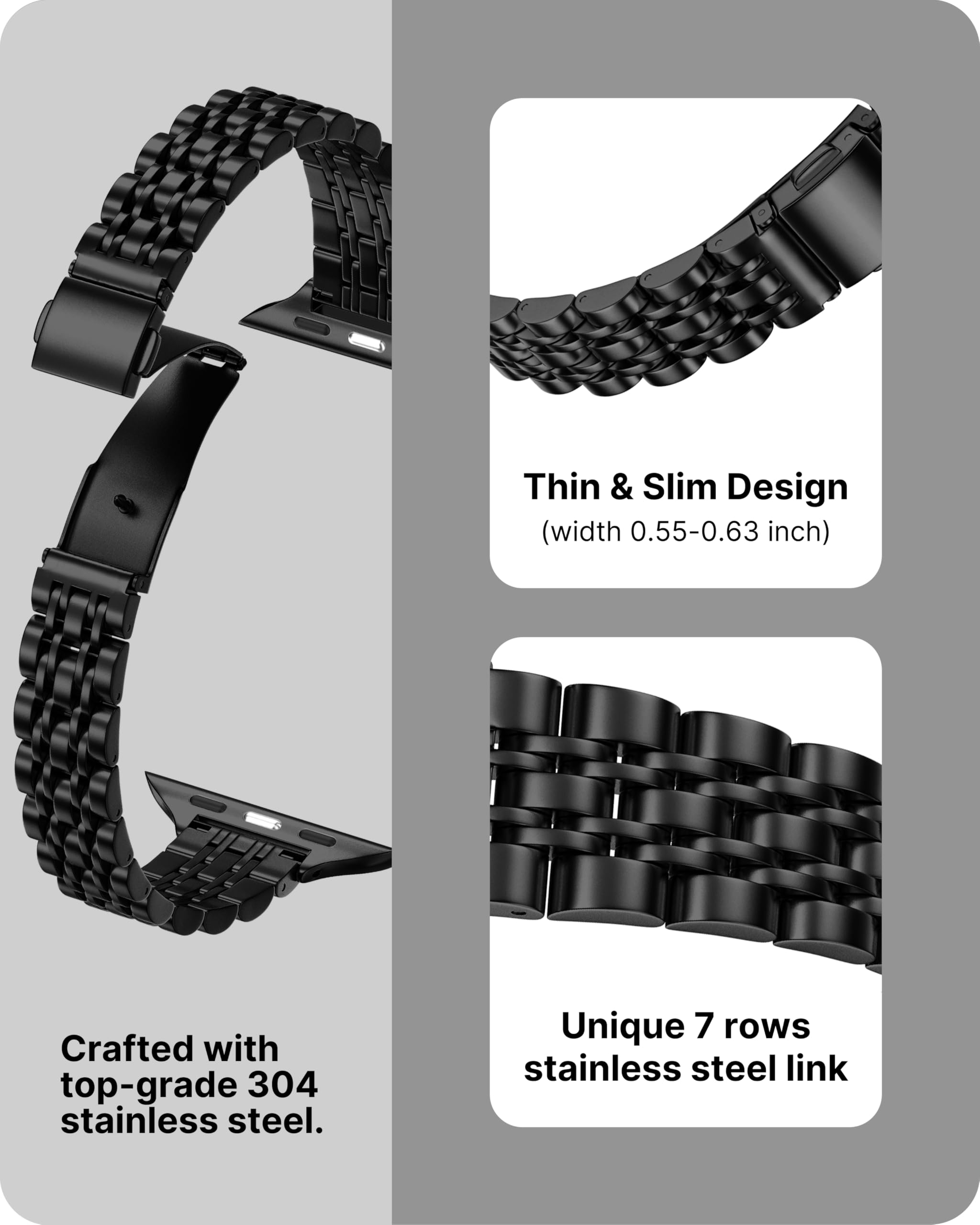 Fullmosa Slim Metal Strap for Apple Watch 38mm 40mm 41mm 42mm - Stainless Steel Thin Replacement Band Compatible with Series 10/9/8/7/6/SE/5/4/3/2/1 - Elegant Black Watch Strap for Women - Perfect for Work, Gym & Everyday Wear