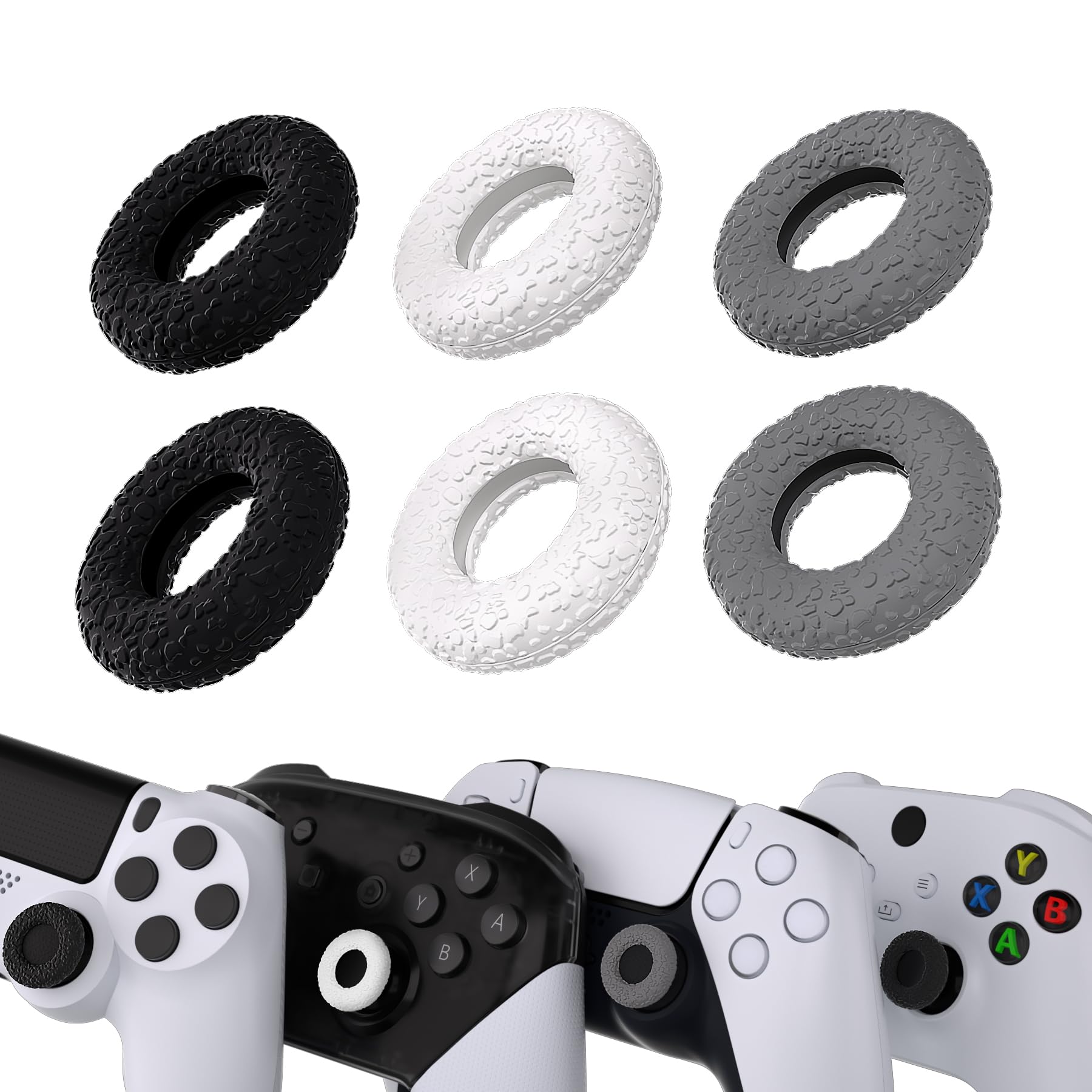 PlayVital 3 Pairs Analog Stick Grips for PS5/PS4, Non-Slip Thumb Grips for Xbox Series X/S/One X/One S, Compatible with Elite Series 2 Core Controller - Donut Design (Gray, Black, White) - Improve Gaming Performance & Comfort for Long Play Sessions