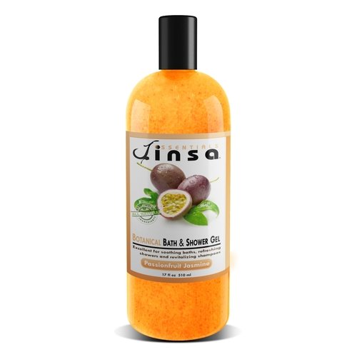 Jinsa Essentials Natural Skin Exfoliator Body Wash - Passionfruit Jasmine Exfoliating Shower Gel with Essential Oils, Organic Bath & Shower Gel for Stress Relief, 13 Oz - Perfect for Dry Skin & Relaxing Spa Nights